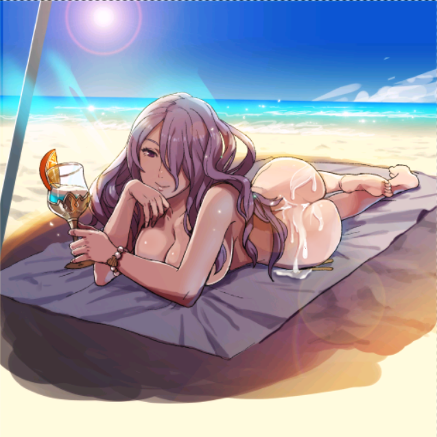 ass, ass crack, beach, beach towel, bikini, breasts, butt crack, camilla (fire emblem), cleavage, female, female only, fire emblem, fire emblem fates, full body, hair over one eye, human, long hair, looking at viewer, lying, nude, nude filter, ocean, on side, on stomach, purple eyes, purple hair, smile, solo, sun, umbrella, wine glass