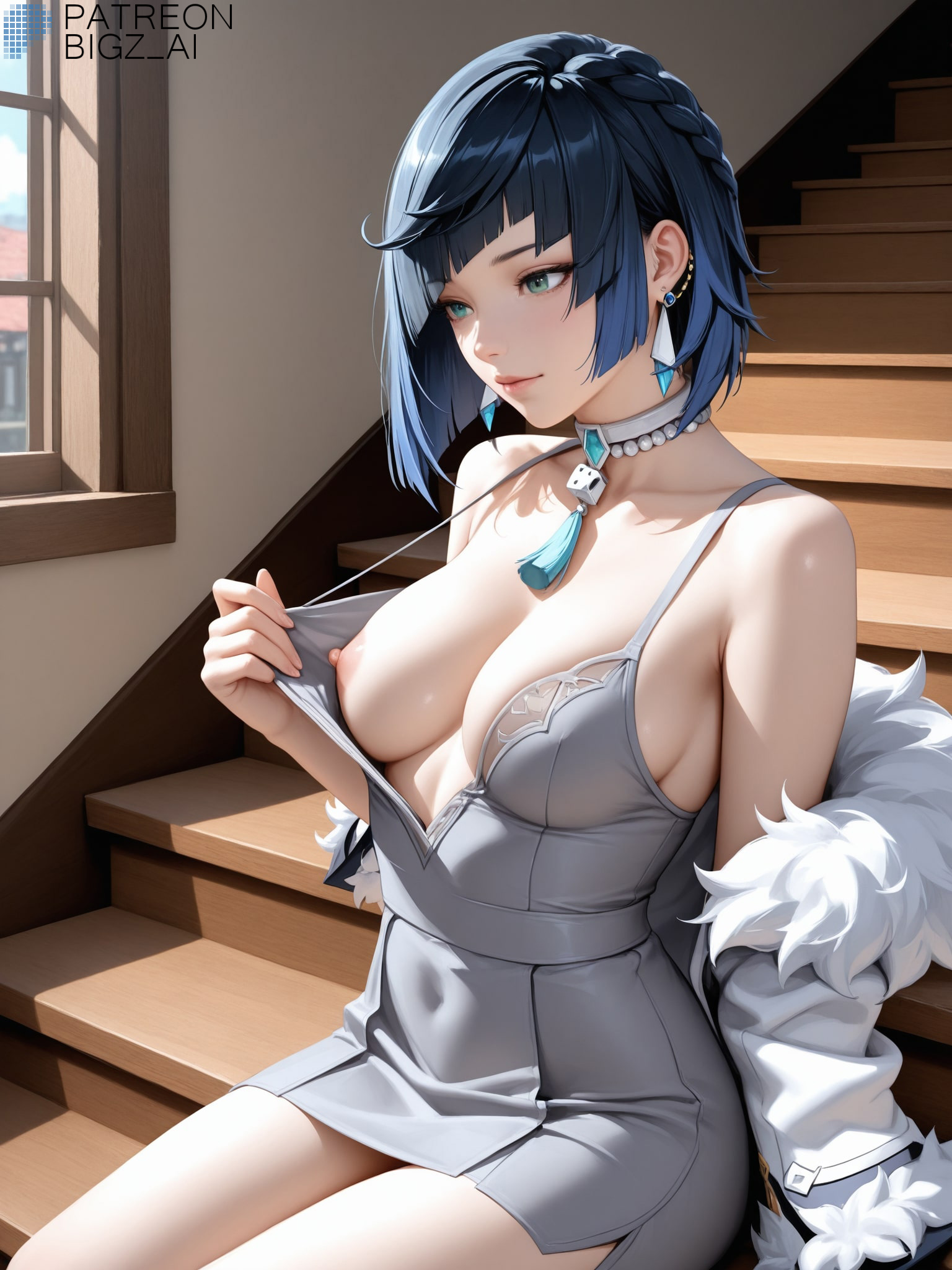1girls, ai generated, artist name, big breasts, bigz ai, black hair, blue hair, bob cut, breasts, choker, dress, earrings, female, female focus, genshin impact, gradient hair, green eyes, hi res, high quality, high resolution, hoyoverse, jewelry, light skin, light-skinned female, looking at viewer, medium breasts, mihoyo, multicolored hair, outdoors, patreon username, short hair, sitting, sitting on stairs, solo, thighs, two-tone hair, undressing, yelan (genshin impact)