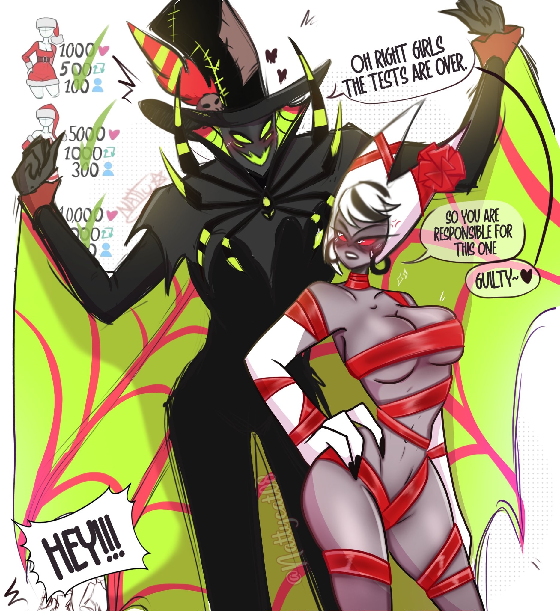 2demons, black body, blush, breasts, carmilla carmine, demon, demon boy, demon girl, demon humanoid, demoness, demons, dialogue, duo, female, green eyes, grey body, hair, hazbin hotel, male, male/female, milf, ncat08, nipples, partially clothed, simple background, smile, straight, thick thighs, white hair, zestial