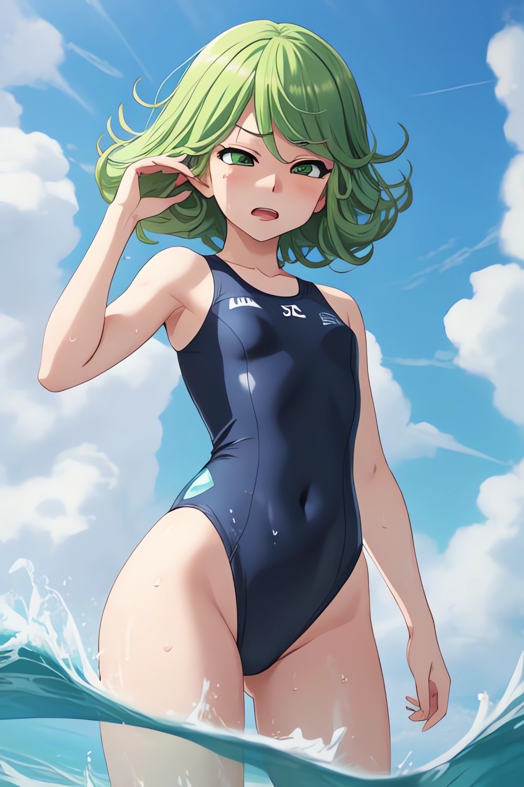 ai_generated beach blush bodysuit breasts cloud curly_hair cute frown green_eyes green_hair open_mouth sea short_hair small_breasts swimsuit takemehigh tatsumaki thick_thighs viewed_from_below