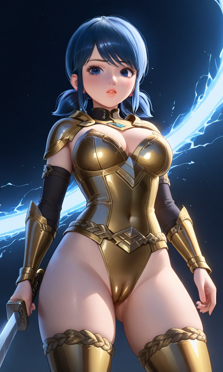 ai_generated blue_eyes blue_hair cameltoe chloenette69 eyebrows eyelashes golden_armor holding_weapon ladybug_(character) large_breasts looking_at_viewer marinette_cheng marinette_dupain-cheng miraculous:_tales_of_ladybug_and_cat_noir miraculous_ladybug sword thick_thighs thigh_high_heels twintails