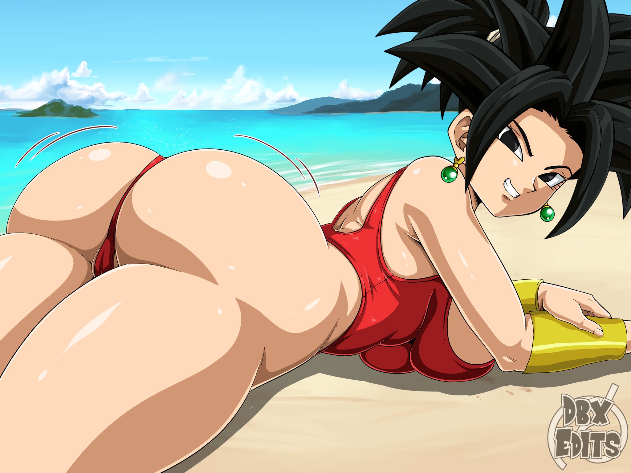 1girls, ass, ass focus, beach, big ass, black hair, breasts, dragon ball, dragon ball super, dragon ball z, female, female only, kefla, light skin, light-skinned female, looking at viewer, megacd, potara earrings, potara fusion, saiyan, saiyan female, sano-br, smiling at viewer, universe 6