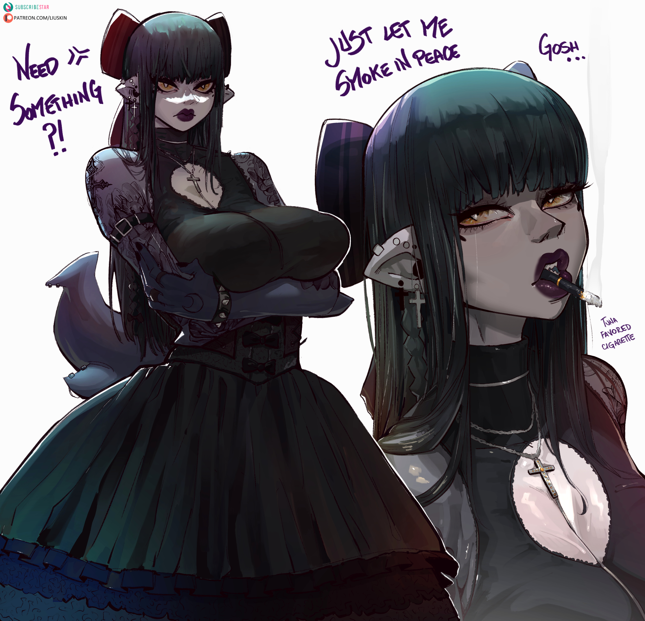 black dress, black hair, cigarette, clothed, goth, kisa (liuskin), liuskin, long hair, piercing, tattoos