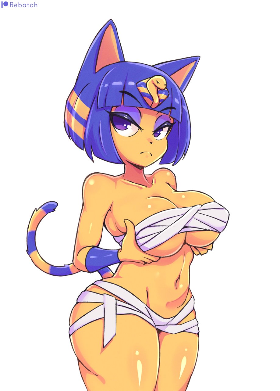 1girls animal_crossing ankha ankha_(animal_crossing) bandages bebatch blue_hair breasts cleavage feline female female_focus female_only furry holding_breast nintendo purple_eyes purple_eyeshadow short_hair white_background wide_hips yellow_fur