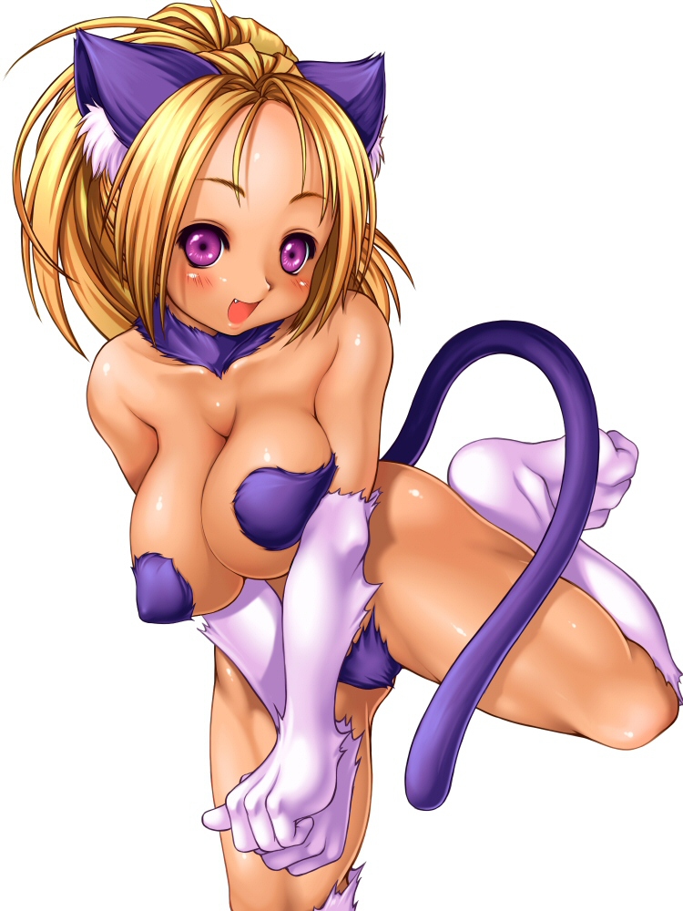 2013 almost_naked almost_nude anime_style blonde_female blonde_hair blonde_hair_female cat_ears cat_girl cat_humanoid cat_tail catgirl elm(ohgaki) female female_only girl happy happy_expression nekomimi ohgaki_m original original_art original_artwork original_character part_of_a_set paws purple_ears purple_fur shiny_skin tan_body tan_skin white_background white_fur