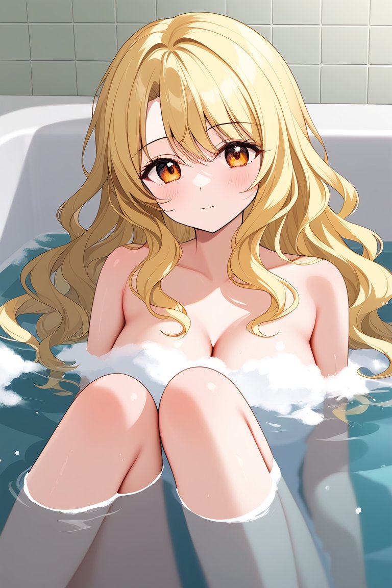 1female 1girls ailurid bath bathing bathroom blonde_female blonde_hair blonde_hair_female blush convenient_censoring convenient_censorship female flan_(nek) flanofart naked naked_female orange_eyes smile smiling solo solo_female tagme wavy_hair