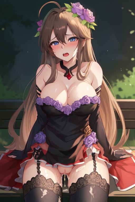 after_sex after_vaginal blue_eyes blush brown_hair cleavage cum cum_in_pussy female female_only granblue_fantasy huge_breasts large_breasts no_bra pleasure_face rosetta_(granblue_fantasy) thighhighs thighs