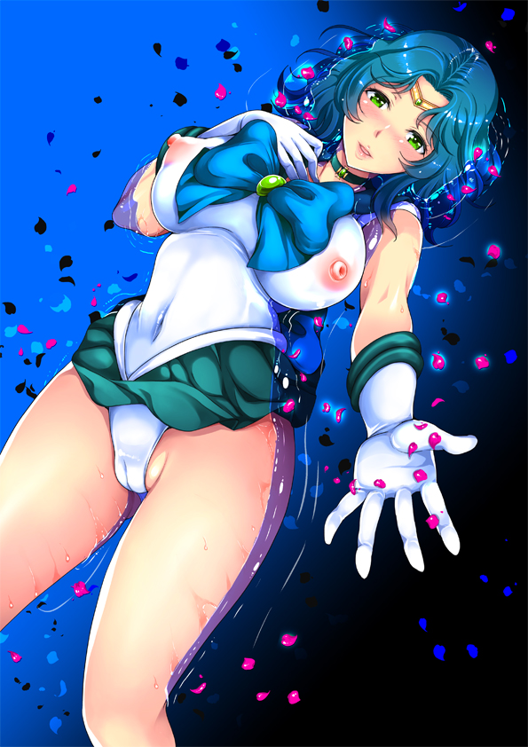 bare_arms bare_legs bishoujo_senshi_sailor_moon blue_hair blush breasts cameltoe choker clothes_lift cover cover_page covered_navel covered_nipples doujin_cover gloves green_eyes kaiou_michiru large_breasts lipstick makeup miryuku panties parted_lips partially_submerged ribbon sailor sailor_neptune short_hair skirt skirt_lift smile thighs tiara underwear wet white_gloves white_panties