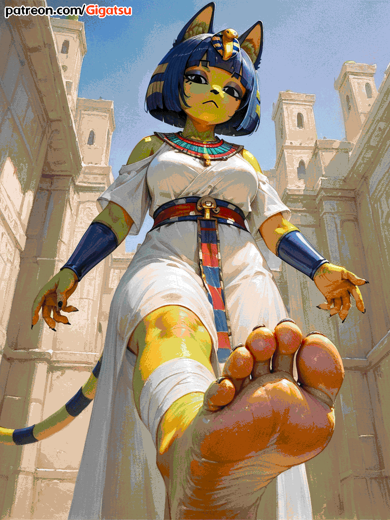 ai_generated animal_crossing ankha barefoot cat_ears feet foot_fetish foot_focus from_below gigatsu looking_down nintendo sole_female soles tail toes yellow_body yellow_skin