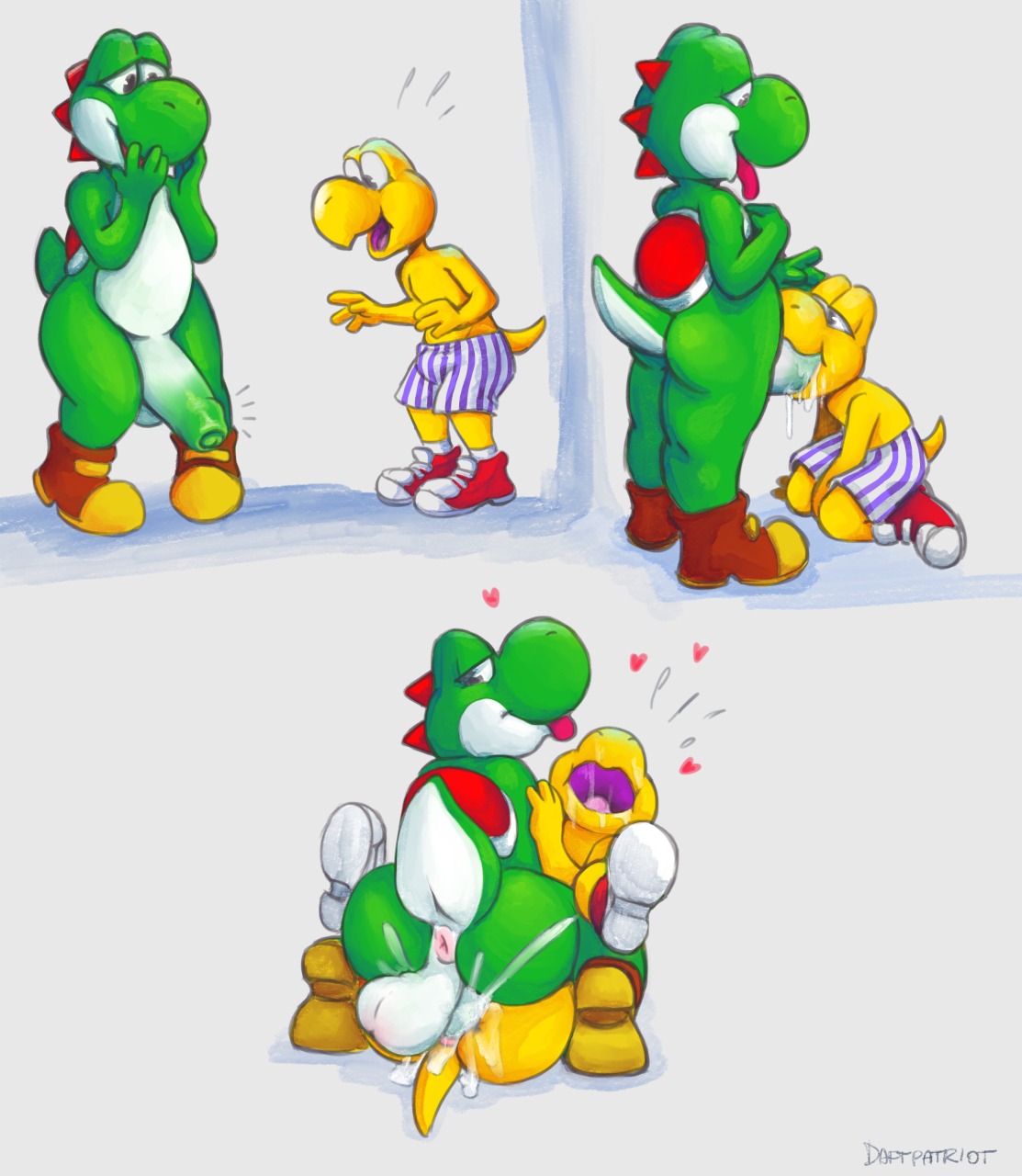 2boys, anal, anus, ass, balls, cum, cum in ass, daftpatriot, koopa, koopa troopa, male, male only, mario (series), multiple boys, multiple males, nintendo, oral, penis, simple background, yaoi, yoshi
