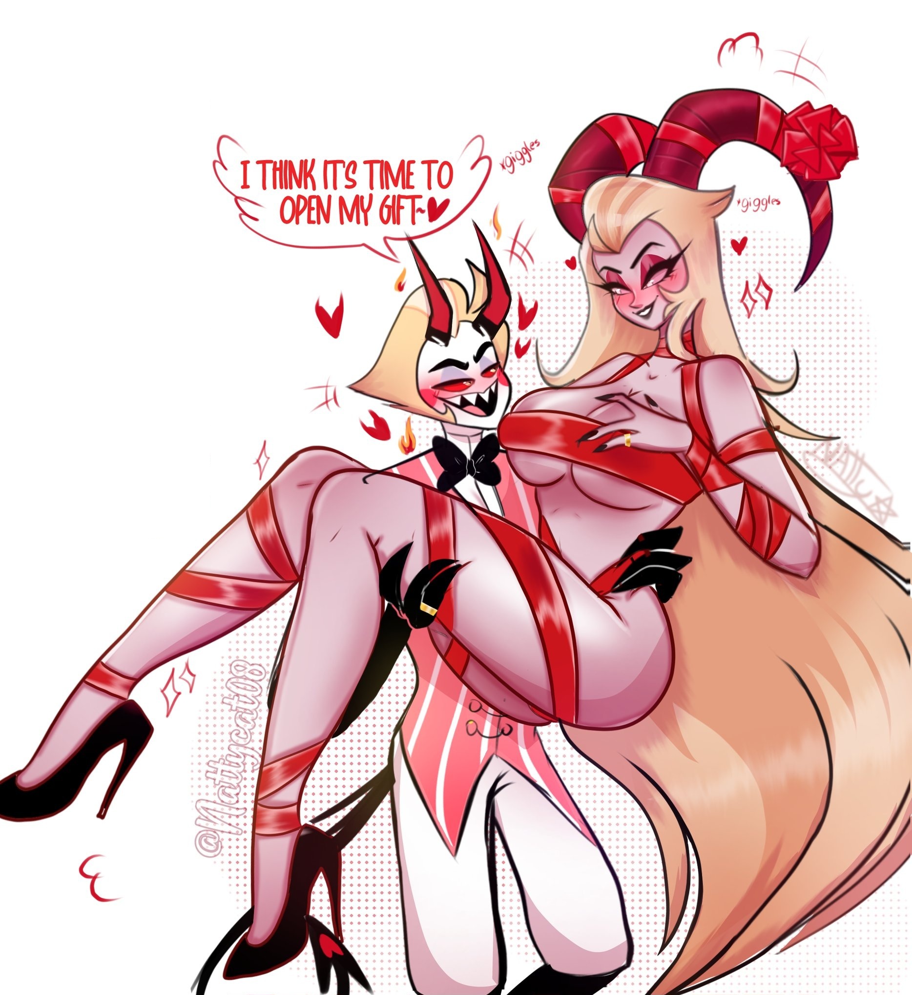 blush, breasts, carrying, carrying partner, dialogue, duo, female, hair, hazbin hotel, human, interspecies, lilith morningstar (hazbin hotel), lucifer (hazbin hotel), lucifer morningstar (hazbin hotel), male, male/female, mature female, milf, ncat08, nude, open mouth, open smile, straight, teeth, thick thighs, tongue
