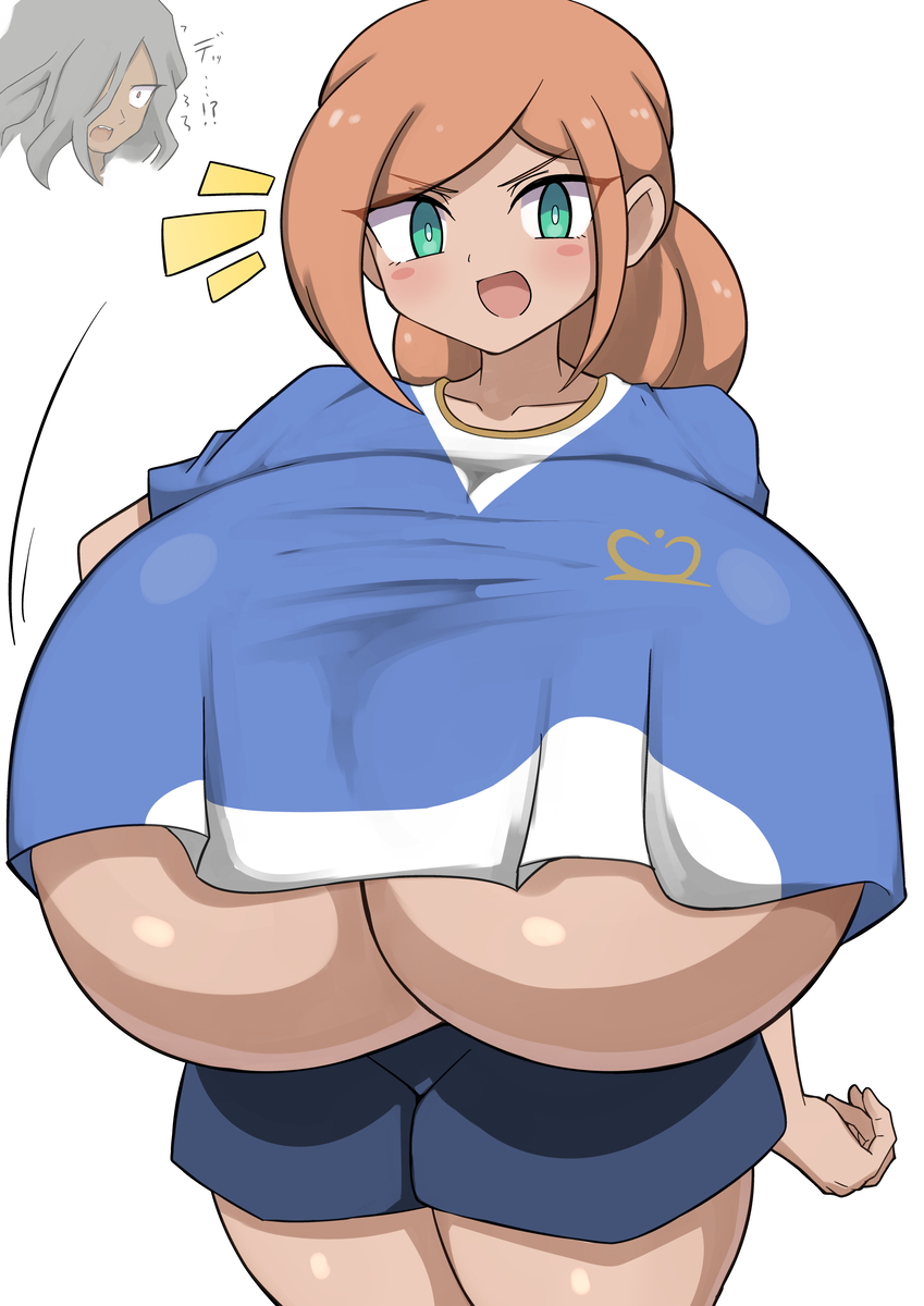 !? 1boy 1girls alice_berardi blush breasts breasts_bigger_than_head dark-skinned_male dark_skin elliot_ember female green_eyes grey_hair hair_over_one_eye haizaki_ryohei hand_on_hip hyper_breasts inazuma_eleven inazuma_eleven_ares_no_tenbin italian jaga334 light-skinned_female light_skin long_hair long_hair_male male orange_eyes orange_hair partially_clothed ponytail shirt_up soccer_uniform sportswear uniform