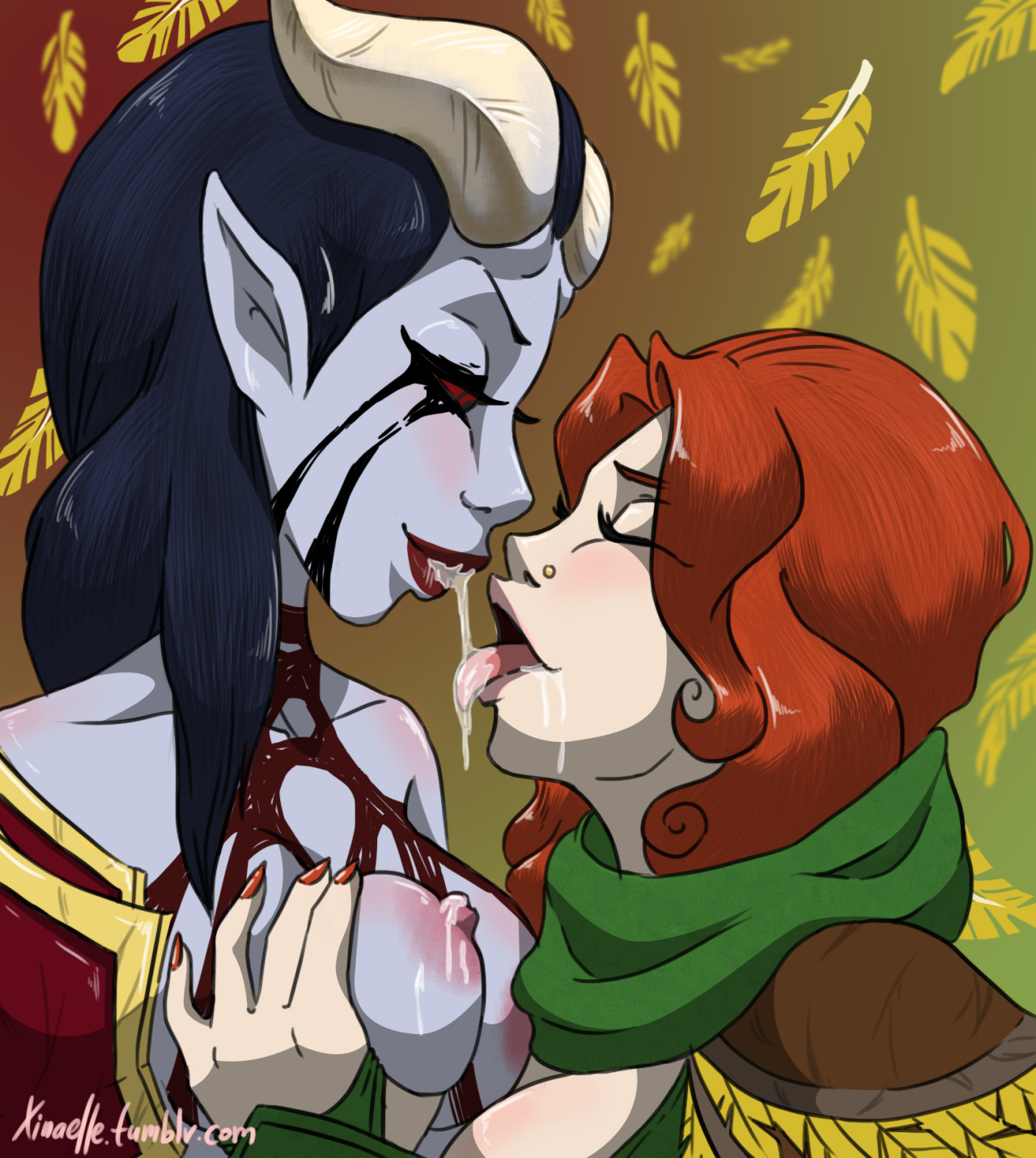 2015, black hair, breasts, brown hair, demon, dota, dota 2, female, horns, kissing, leaf, lipstick, multiple females, multiple girls, nipples, queen of pain, saliva, succubus, windranger, xinaelle, yuri