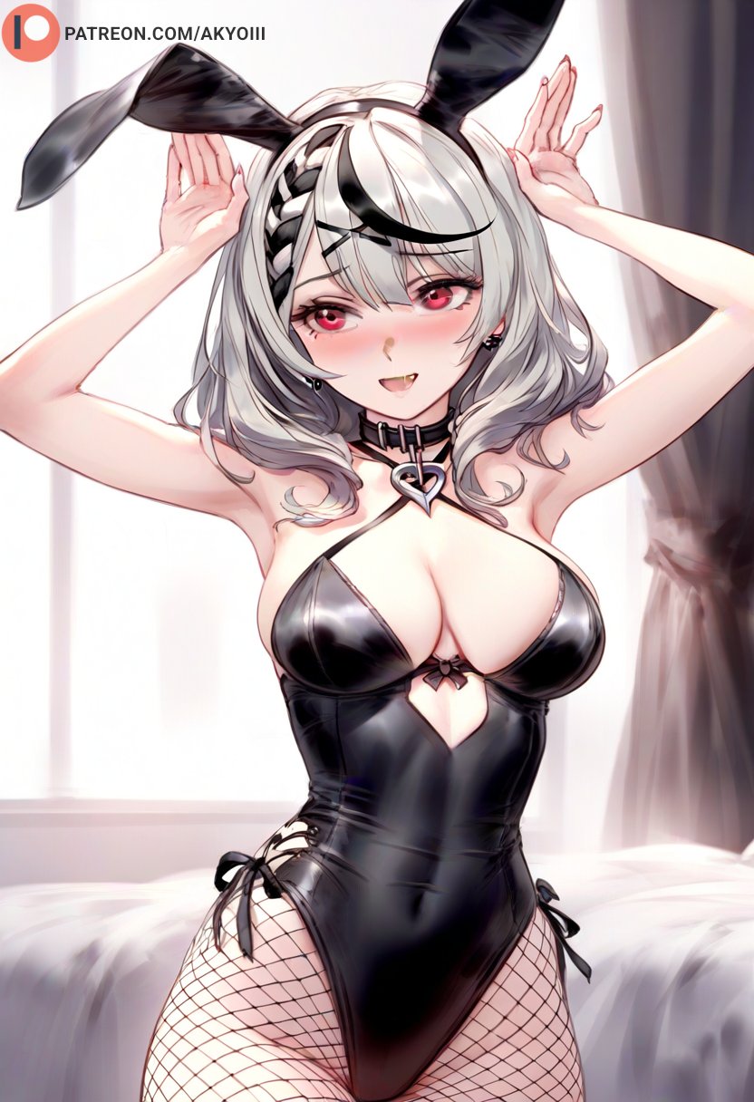 1girls ai_generated akyoi animal_ears bedroom big_breast black_hair blush braid breast bunny_ears female grey_hair hololive hololive_japan leotard light-skinned_female light_skin looking_at_viewer medium_hair necklace pantyhose patreon red_eyes ribbon sakamata_chloe short_hair smile solo solo_female two_tone_hair