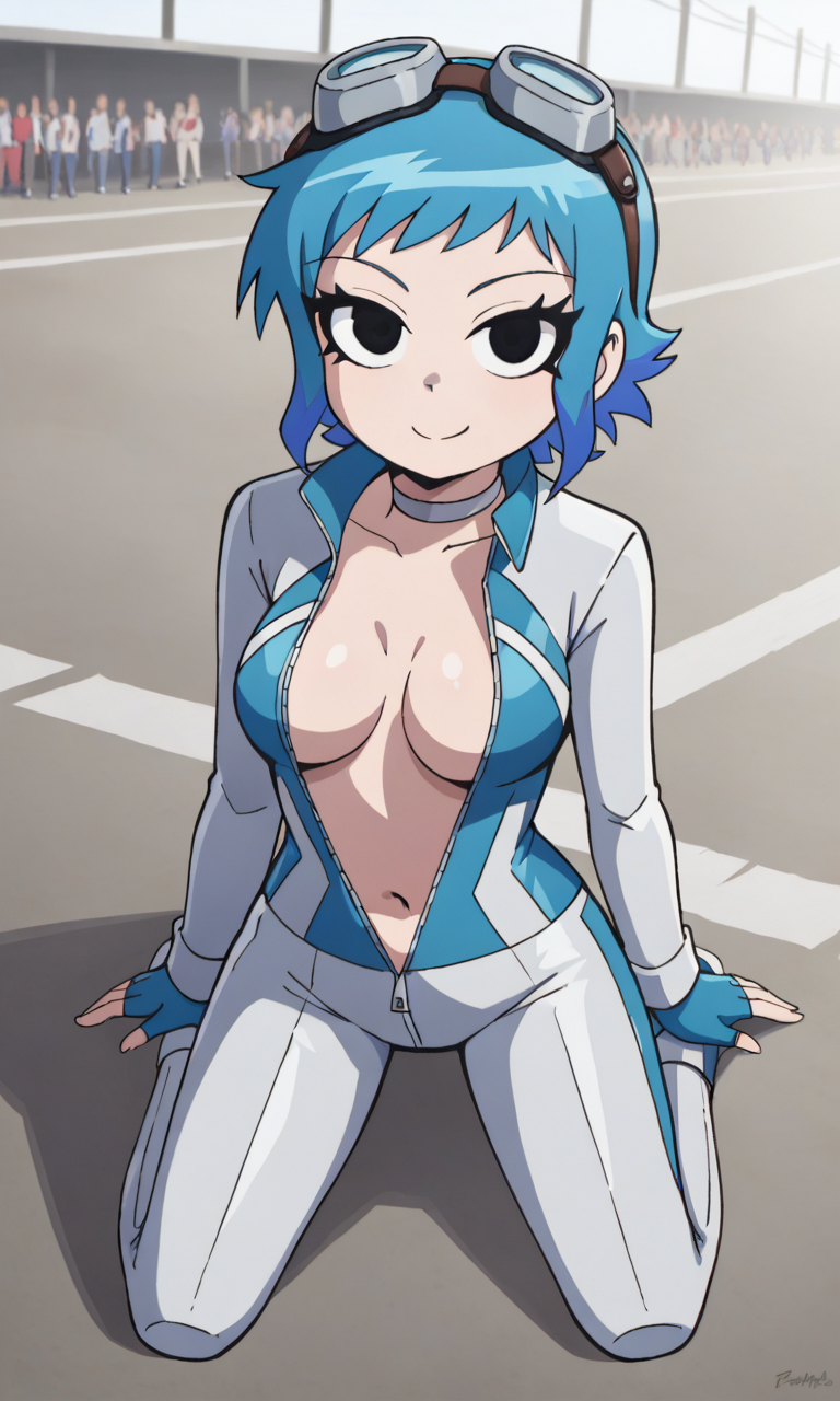 accurate_art_style ai_generated bigmic145 blue_hair bodysuit breasts cleavage clothed clothing exhibitionism female female_only goggles_on_head navel netflix public public_exposure racing_suit ramona_flowers scott_pilgrim scott_pilgrim_takes_off sexually_suggestive unzipped unzipped_bodysuit