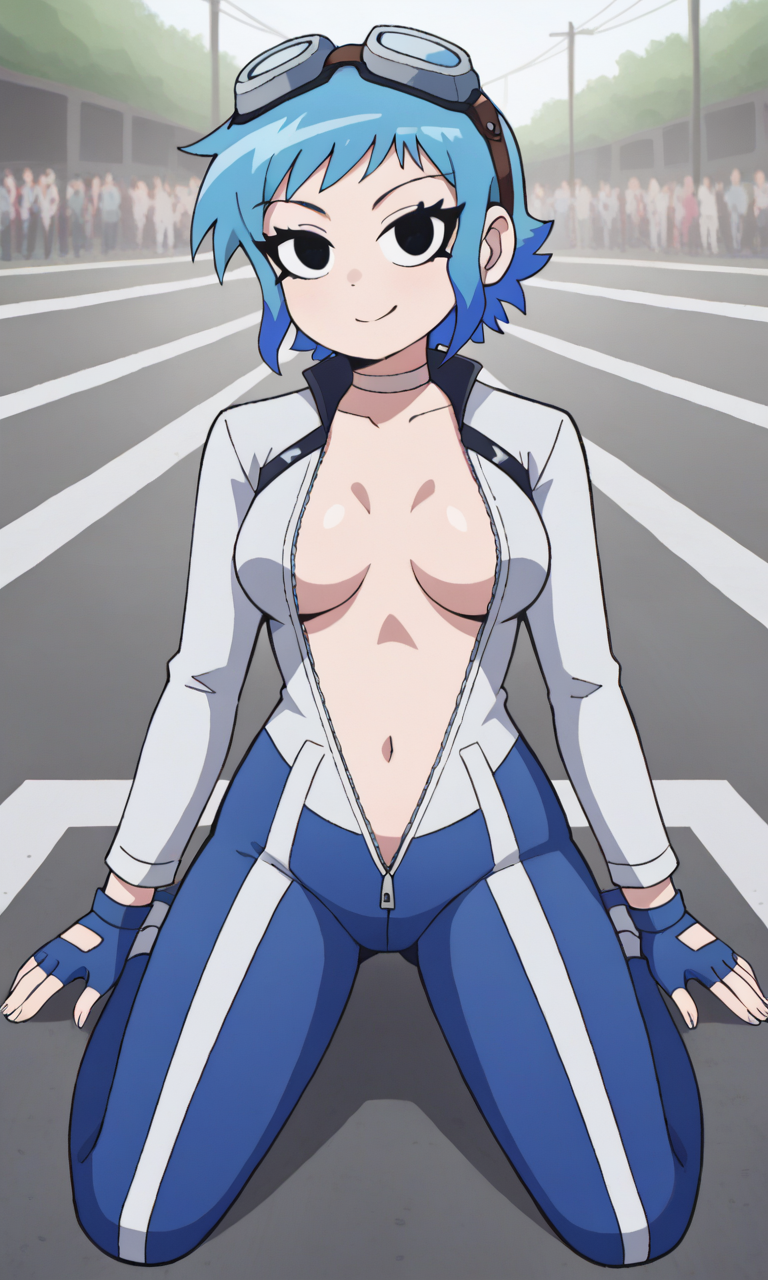 accurate_art_style ai_generated bigmic145 blue_hair bodysuit breasts cleavage clothed clothing exhibitionism female female_only goggles_on_head navel netflix public public_exposure racing_suit ramona_flowers scott_pilgrim scott_pilgrim_takes_off sexually_suggestive unzipped unzipped_bodysuit