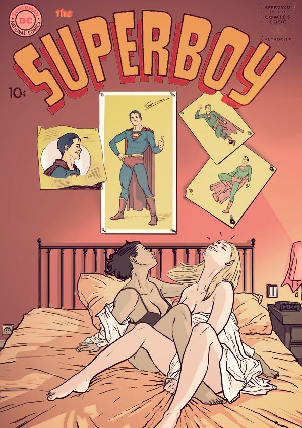 2girls bedsheets black_hair blonde_hair bra breasts clark_kent cleavage closed_eyes dark-skinned_female dc dc_comics female female_only guy_perez implied_fingering implied_sex kal-el lana_lang lois_lane multiple_girls sheets superman superman_(series) yuri