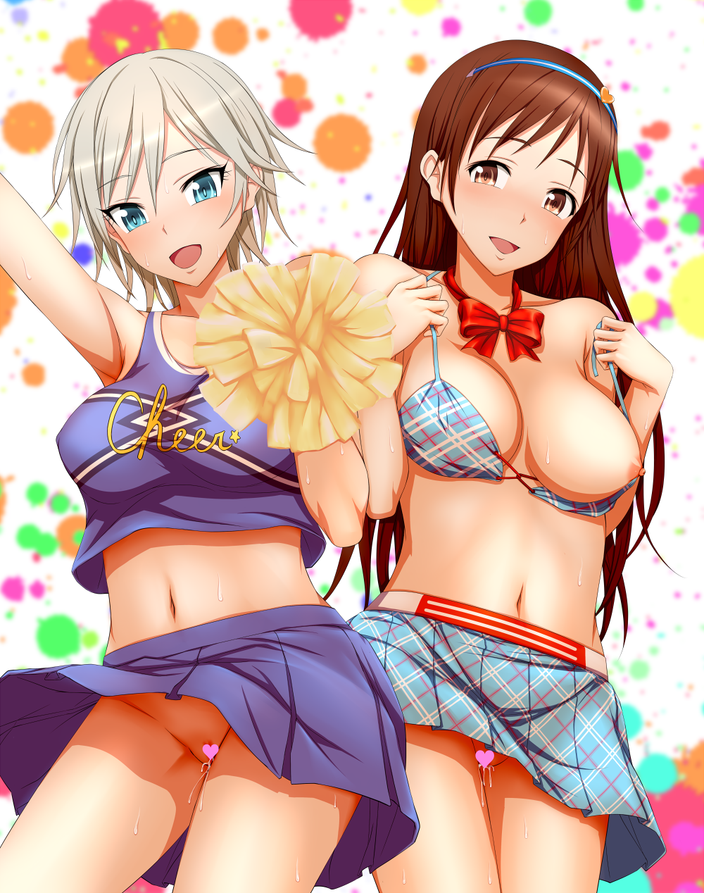 2girls anastasia_(idolmaster) arm_up bikini bikini_top blue_eyes blush breasts brown_eyes brown_hair censored cheerleader hairband hamihe heart heart_censor highres idolmaster idolmaster_cinderella_girls long_hair looking_at_viewer midriff multiple_girls navel nipple_slip nipples nitta_minami no_panties open_mouth plaid plaid_bikini plaid_skirt pussy_juice ribbon short_hair silver_hair skirt smile sweat swimsuit undressing wind_lift