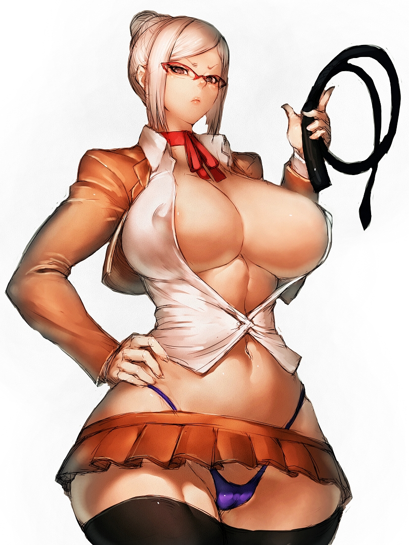 1girls breasts cameltoe choker cleavage erect_nipples female female_only fumio_(rsqkr) glasses hair_bun hand_on_hip highleg highleg_panties large_breasts lowleg lowleg_skirt microskirt pantyshot prison_school revealing_clothes shiraki_meiko shirt skimpy_clothes skirt solo standing thighhighs thong thong_above_skirt thong_straps whale_tail whip white_hair