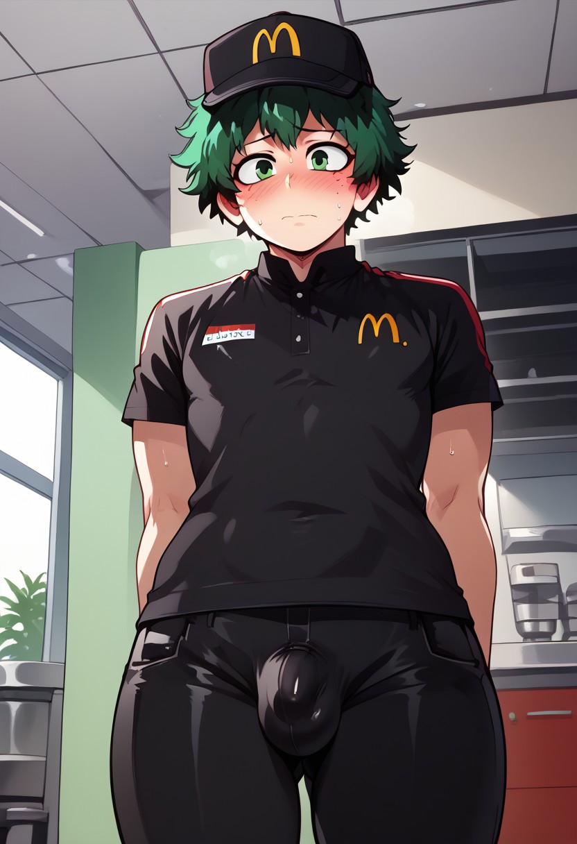 1boy abdomen ai_generated blush boku_no_hero_academia bulge bulge_through_clothing censorship, deku embarrassed eyes face fast_food_employee fast_food_uniform gay green green_eyes green_hair hair izuku_midoriya looking low male male_focus mcdonald's midoriya_izuku my_hero_academia put_the_fries_in_the_bag_lil_bro solo_male tight_clothing yaoi