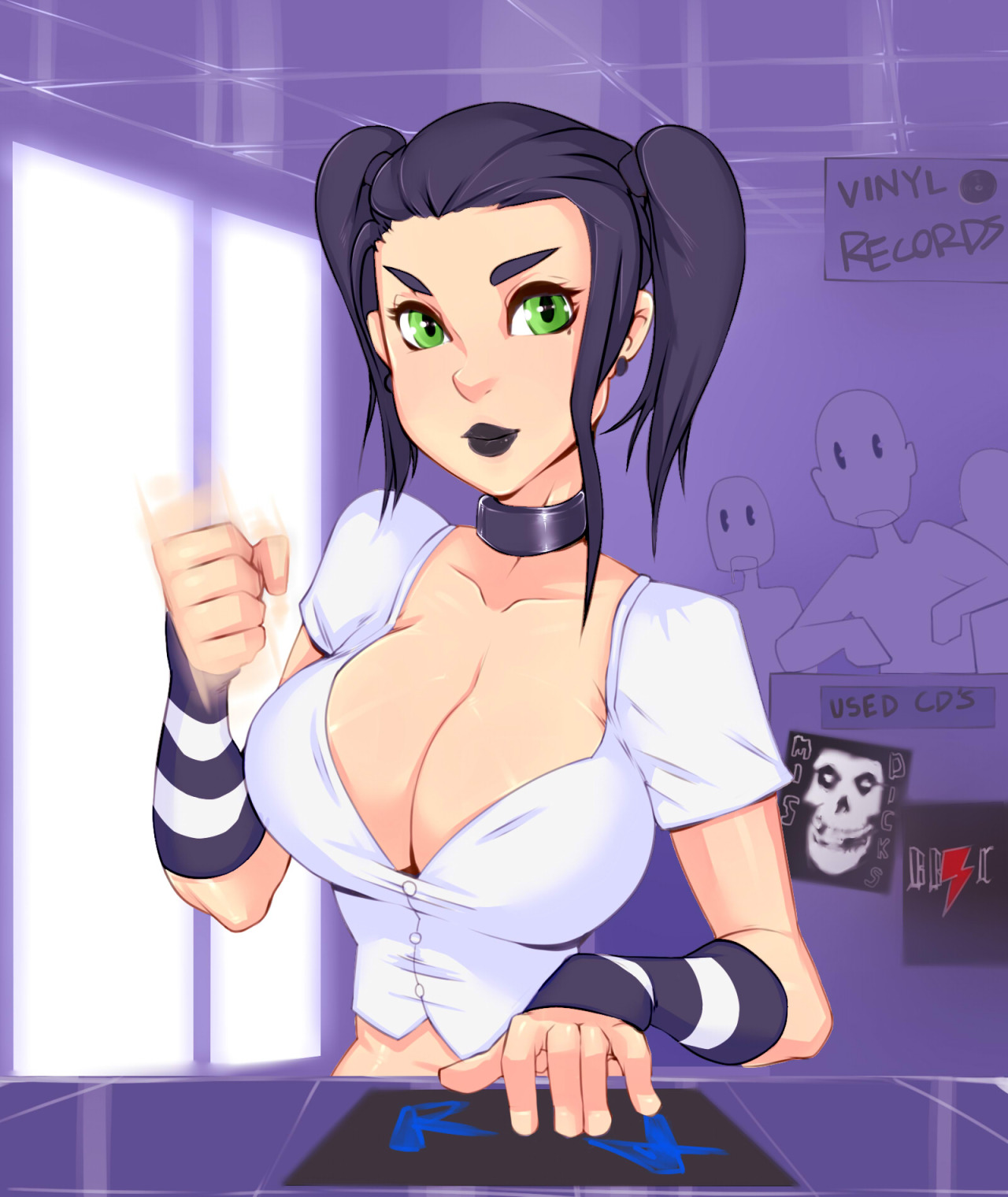arm warmers, black hair, black lipstick, breasts, bursting breasts, choker, cleavage, earrings, female, goth, green eyes, large breasts, lipstick, r4, sexually suggestive, t-shirt, tied hair, twintails, voyeur