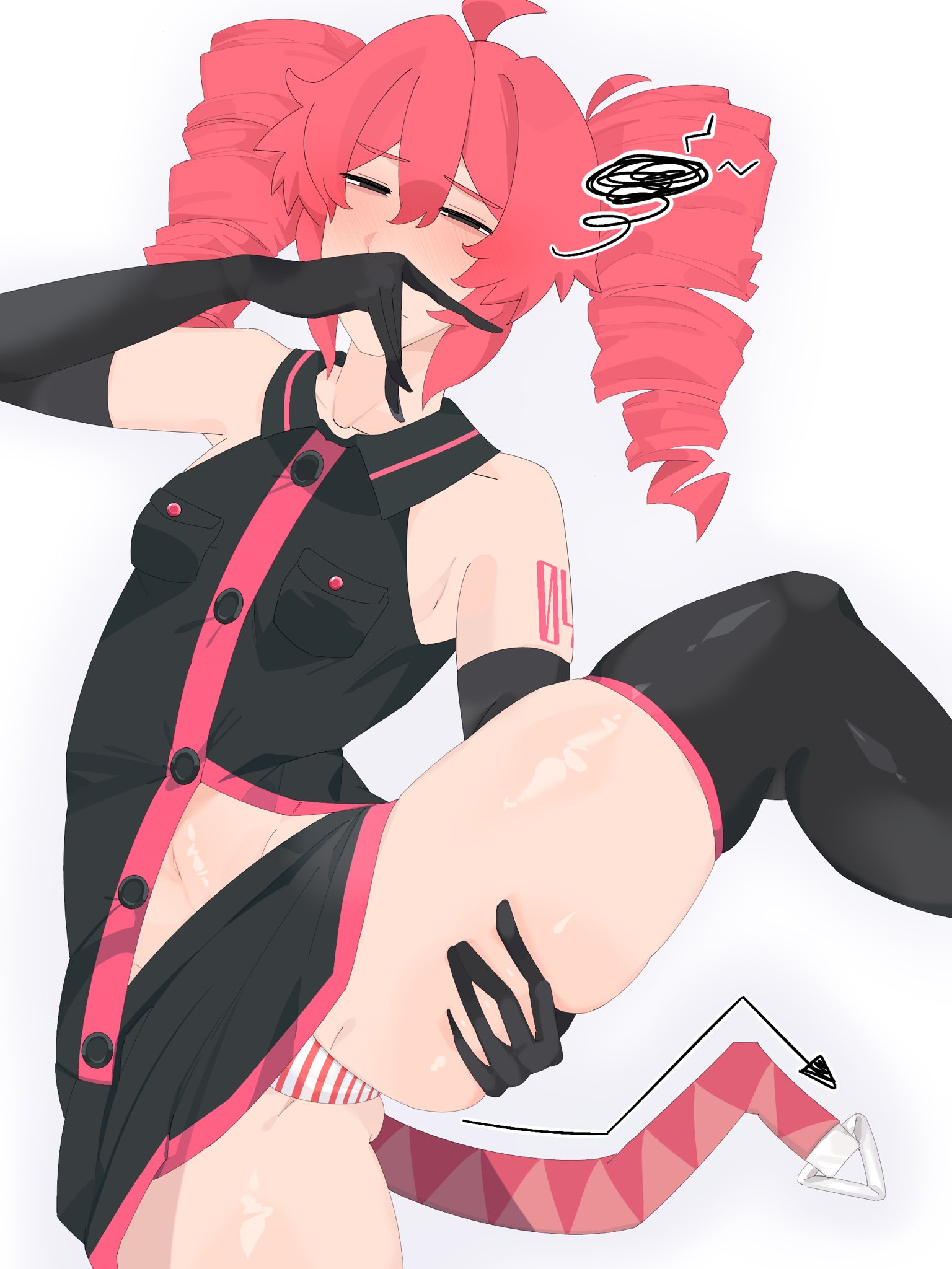 1girls, 2d, 2d (artwork), ahoge, annoyed, annoyed expression, arm tattoo, armpits, armwear, ass visible through thighs, belly, big thighs, blush, blush lines, blushing, breasts, cameltoe, clothed, clothed female, clothing, covering mouth, exposed belly, exposed panties, fat thighs, female, female only, fully clothed, half-closed eyes, horny, horny female, kasane teto, large thighs, leg up, miniskirt, navel, oishi patty, one leg up, panties, petite, petite body, petite female, plump, plump thighs, raised leg, red eyes, red hair, shiny skin, simple background, sinking grip, skindentation, skinny, skinny female, skirt, slim female, slim waist, solo, solo female, striped panties, tattoo, thick thighs, thighs, twin drills, upskirt, utau, white background