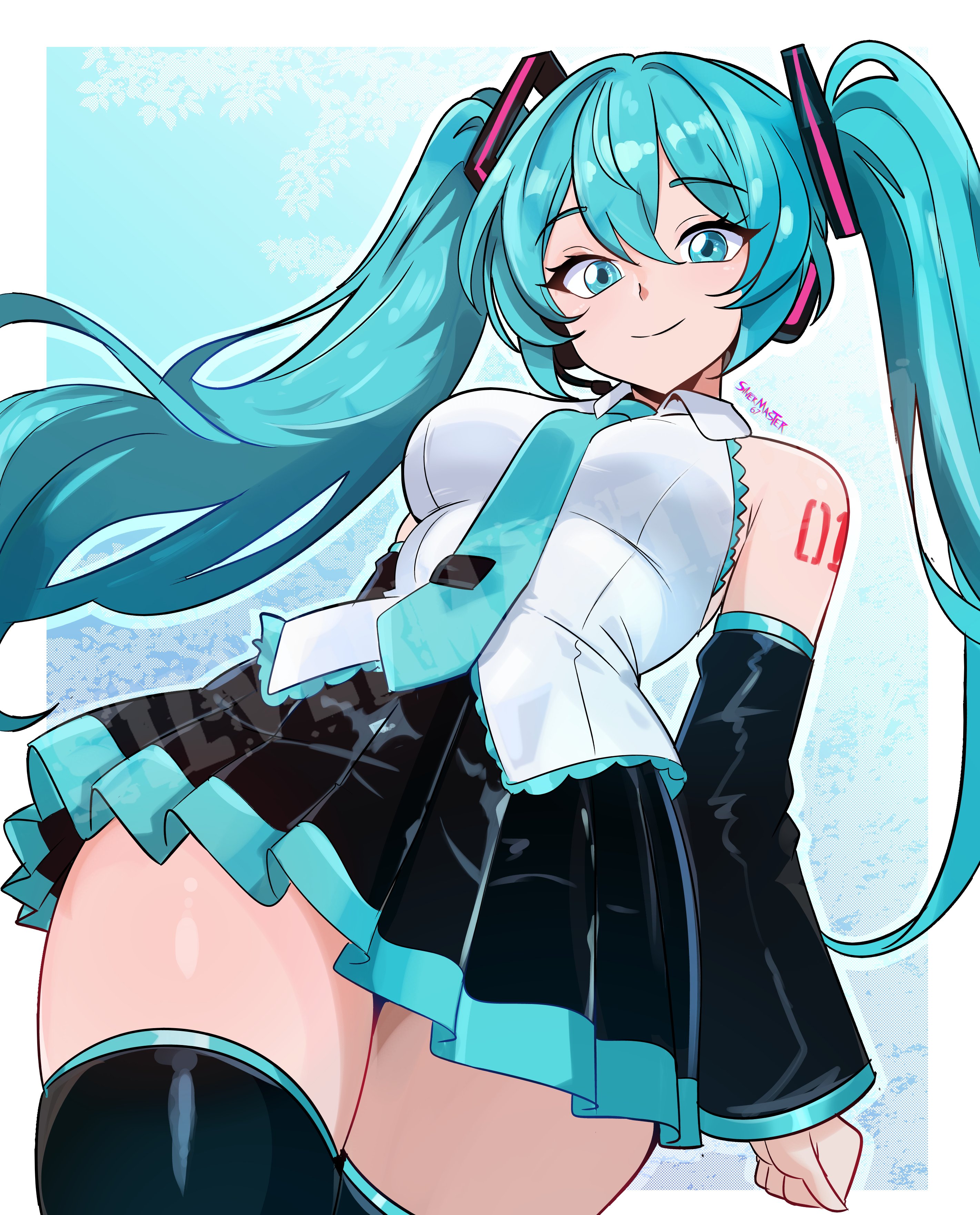 1girl, 1girls, aqua eyes, aqua hair, aqua necktie, bare shoulders, black legwear, black skirt, black sleeves, black thighhighs, breasts, detached sleeves, female, female only, from below, hair ornament, hatsune miku, headphones, long hair, looking at viewer, medium breasts, miniskirt, necktie, pleated skirt, shirt, shoulder tattoo, silvermaster67, skirt, sleeveless, sleeveless shirt, smile, solo, tagme, tattoo, thick thighs, thighhighs, thighs, twintails, very long hair, vocaloid, zettai ryouiki