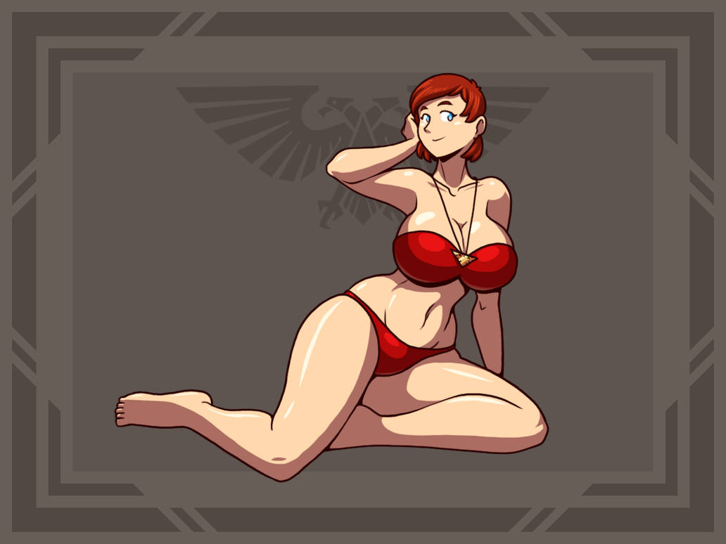 1girls aquila_(symbol) big_breasts bikini blazbaros blue_eyes female female_only hand_on_head hourglass_figure imperium_of_man inquisition inquisition_(warhammer_40k) inquisitor inquisitor_(warhammer_40k) jewelry laying_on_side lying_on_side necklace posing red_bikini red_bra red_hair red_panties short_hair solo solo_female solo_focus thick_thighs thong warhammer_(franchise) warhammer_40k wide_hips