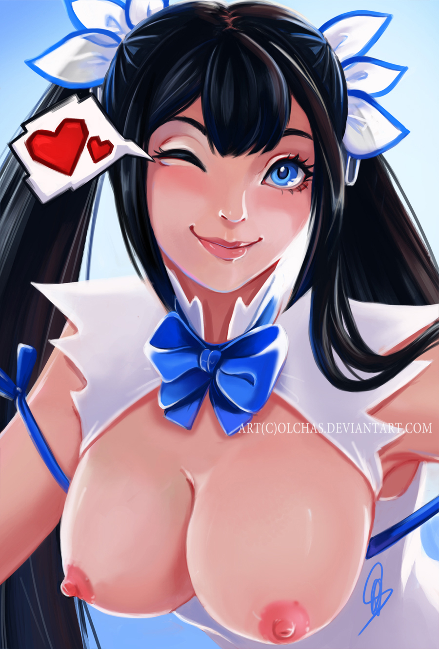 1girls, black hair, blue eyes, blush, breasts, dress, dungeon ni deai wo motomeru no wa machigatteiru darou ka, female, female only, gloves, hair ornament, hair ribbon, hestia (danmachi), large breasts, olchas, ribbon, smile, solo, tied hair, twintails, white dress, white gloves, winking