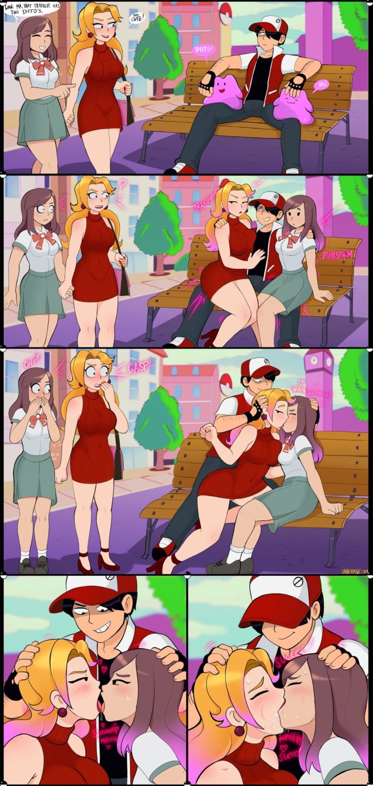 1boy 4girls comic ditto_(pokémon) dress forced_yuri french_kiss girl_kisses_girl holding_hands kissing making_out outdoors pokemon pokephilia purse red shadman shocked sitting sitting_on_lap skirt yuri