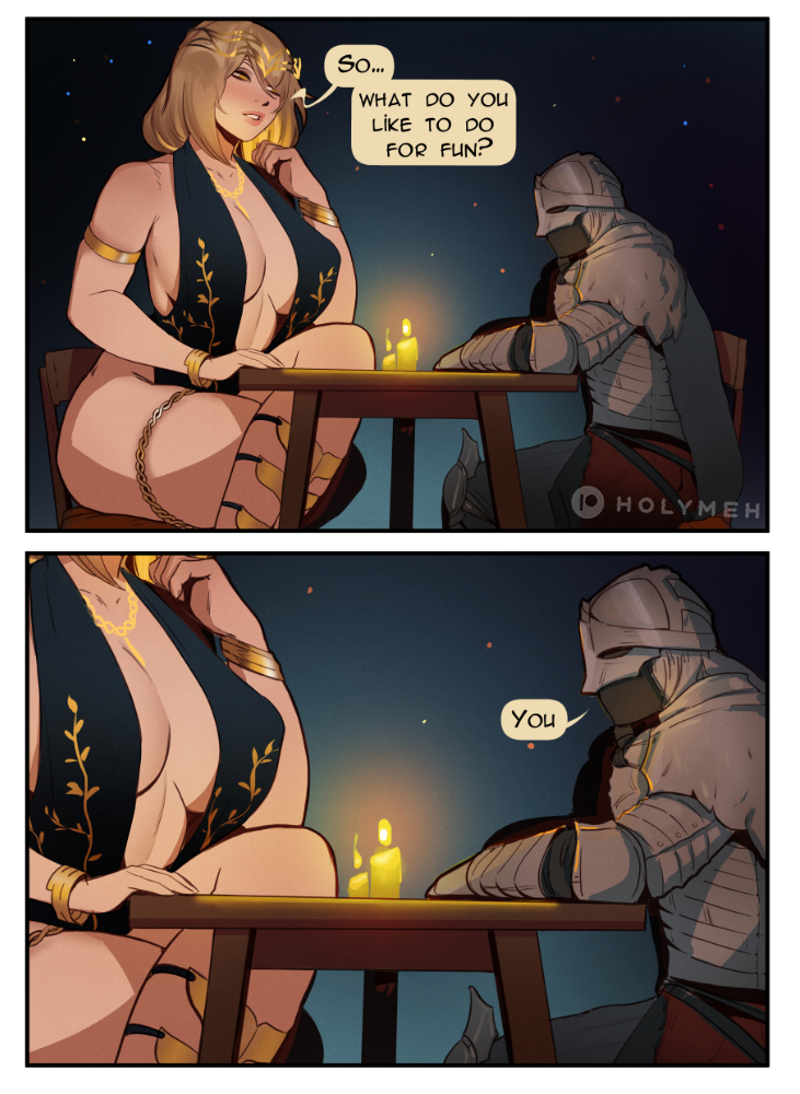 1boy1girl, alternate hairstyle, areola, armlet, armor, artist name, artwork (digital), blonde hair, blonde-haired female, bloody wolf (elden ring), bracelet, breasts, candle, candlelight, circlet, crossed legs, crown, curvy female, curvy figure, date, digital media (artwork), dress, duo, elden ring, english dialogue, english text, female, fromsoftware, goddess, gold jewelry, hair over one eye, height difference, holy meh, holymeh, large breasts, larger female, light-skinned female, male, male/female, mature, mature female, milf, necklace, no sex, older female, older woman, queen marika the eternal, revealing, revealing clothes, sitting on chair, size difference, tall, tall female, taller female, tarnished, thighlet
