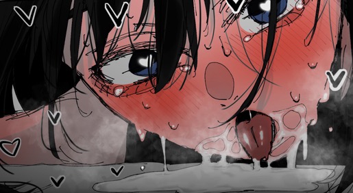 black hair, blush, carrot 011, drool, drool on face, drooling, drooling on ground, female, hololive, hololive english, hololive english -council-, hololive english -promise-, implied sex, intense blushing, on floor, on ground, open mouth, ouro kronii, short hair, virtual youtuber, vtuber, wide eyed