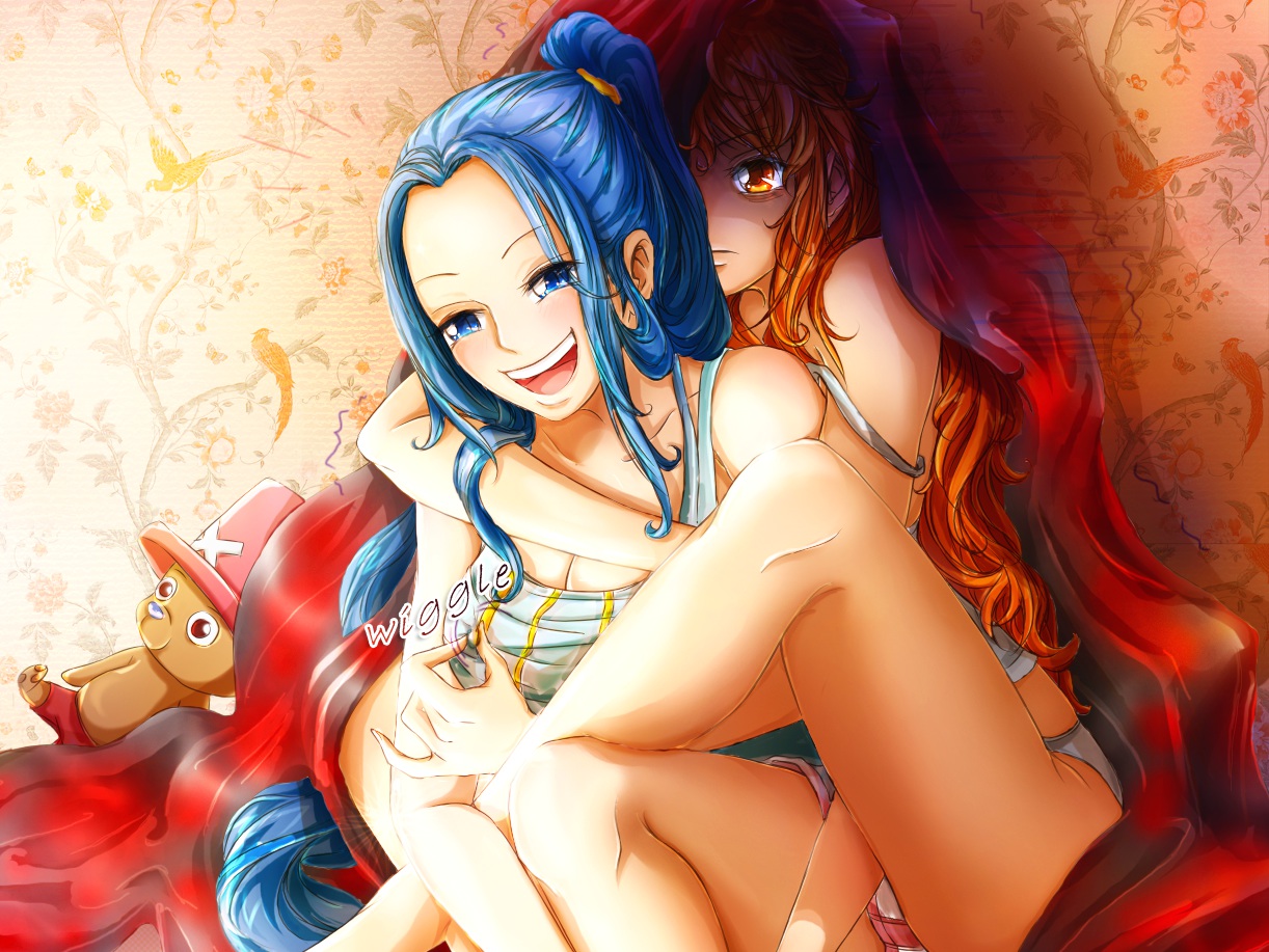 2girls, blue eyes, blue hair, blue-haired female, creepy, female, female only, long hair, multiple females, multiple girls, nami (one piece), nefertari vivi, one piece, orange eyes, orange hair, orange-haired female, post-timeskip, princess, yuri