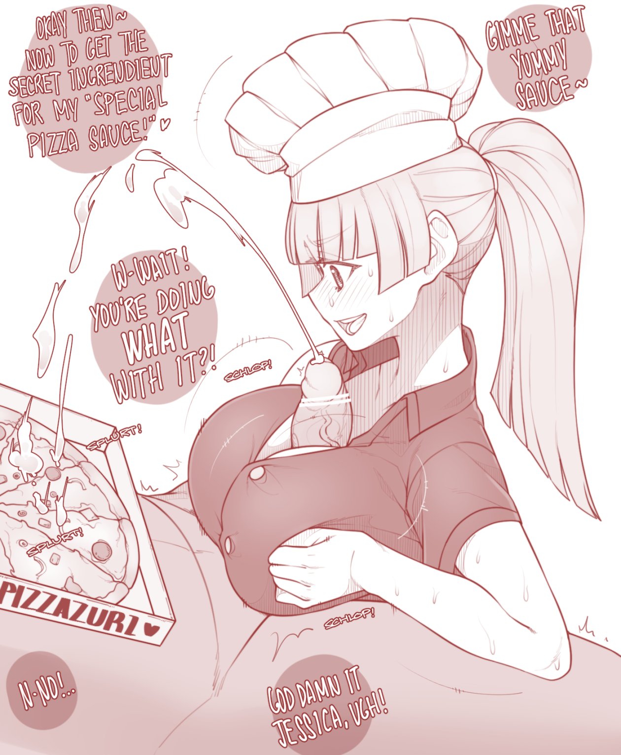 1boy 1girls bangs blunt_bangs blush breast_squeeze breasts chef_hat cleavage collared_shirt cum cum_on_food dress_shirt ejaculation ekz english_commentary erection eyebrows_visible_through_hair female food from_side hat high_ponytail highres large_breasts lying monochrome nude on_back original paizuri paizuri_under_clothes penis pizza pizza_box shirt short_sleeves solo_focus straight sweat