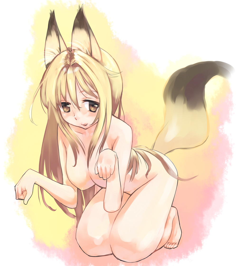 animal_ear animal_ears barefoot blonde_hair breasts dog_pose fox_ears fur furry_ears furry_tail gk kanokon kitsune kneeling minamoto_chizuru nude paw_pose tail toes