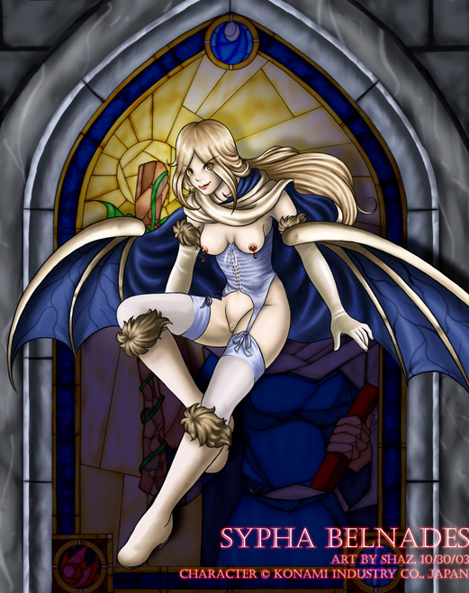 ayvuir_blue bat_wings brown_hair cape castlevania corset exposed_breasts exposed_pussy flying fur_trim konami long_hair nipple_piercing pierced_nipples shax_(artist) shaxbert stained_glass succubus sypha_belnades tagme thighhighs very_long_hair