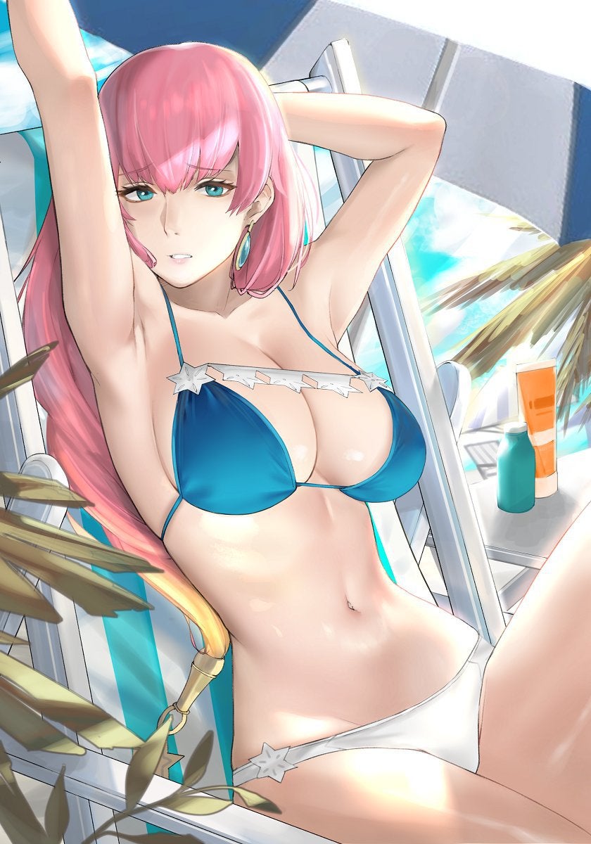 1girls, armpits, arms above head, arms up, bare arms, bare midriff, bare shoulders, bare thighs, beach, beach chair, beach umbrella, belly, belly button, big breasts, big sister, bikini, bikini bottom, bikini top, blue bikini, blue bikini top, blue earrings, blue eyes, blue swimsuit, bra, breasts, cleavage, close-up, earrings, female, female only, fire emblem, fire emblem heroes, gunnthra (fire emblem), human, human only, j@ck, large breasts, light skin, light-skinned female, long hair, mature, mature female, midriff, navel, nintendo, panties, pink hair, sideboob, sitting, sitting down, sitting on chair, solo, solo female, stomach, stretch, stretching, sunny, swimsuit, thick thighs, thighs, tree, white bikini, white bikini bottom, white swimsuit