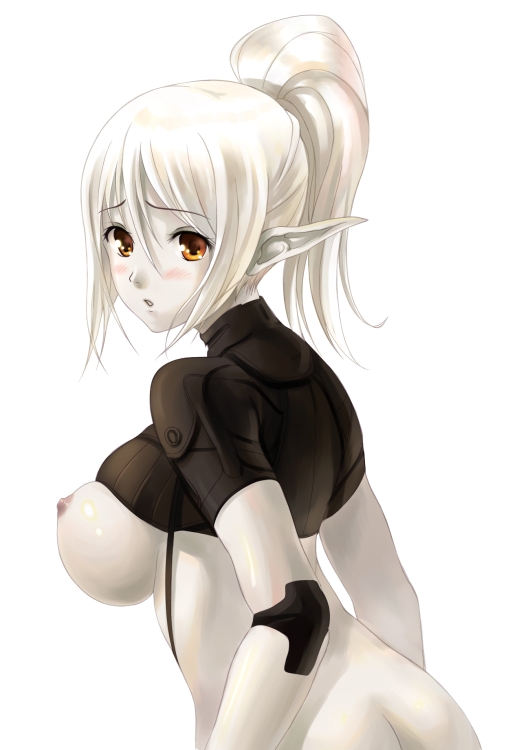 akamaru bottomless breasts brown_eyes dark_elf elf grey_skin lineage lineage_2 lineage_ii looking_back nipple nipples pointy_ears ponytail tied_hair underboob white_hair