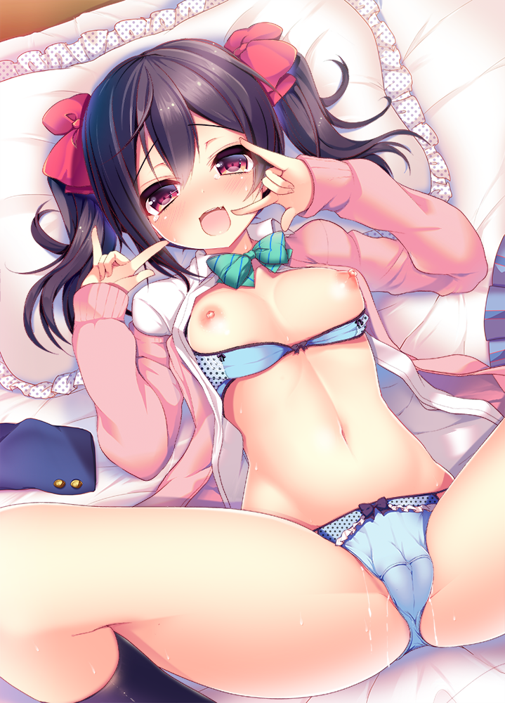 :d ayuma_sayori black_hair blue_bra blue_panties blush bow bra bra_pull breasts clothes corna female gesture hair hairbow ily_sign looking_at_viewer love_live! love_live!_school_idol_project lying nipples on_back open_mouth panties pillow pink_eyes pussy_juice short_hair smile solo spread_legs tied_hair twintails underwear yazawa_nico