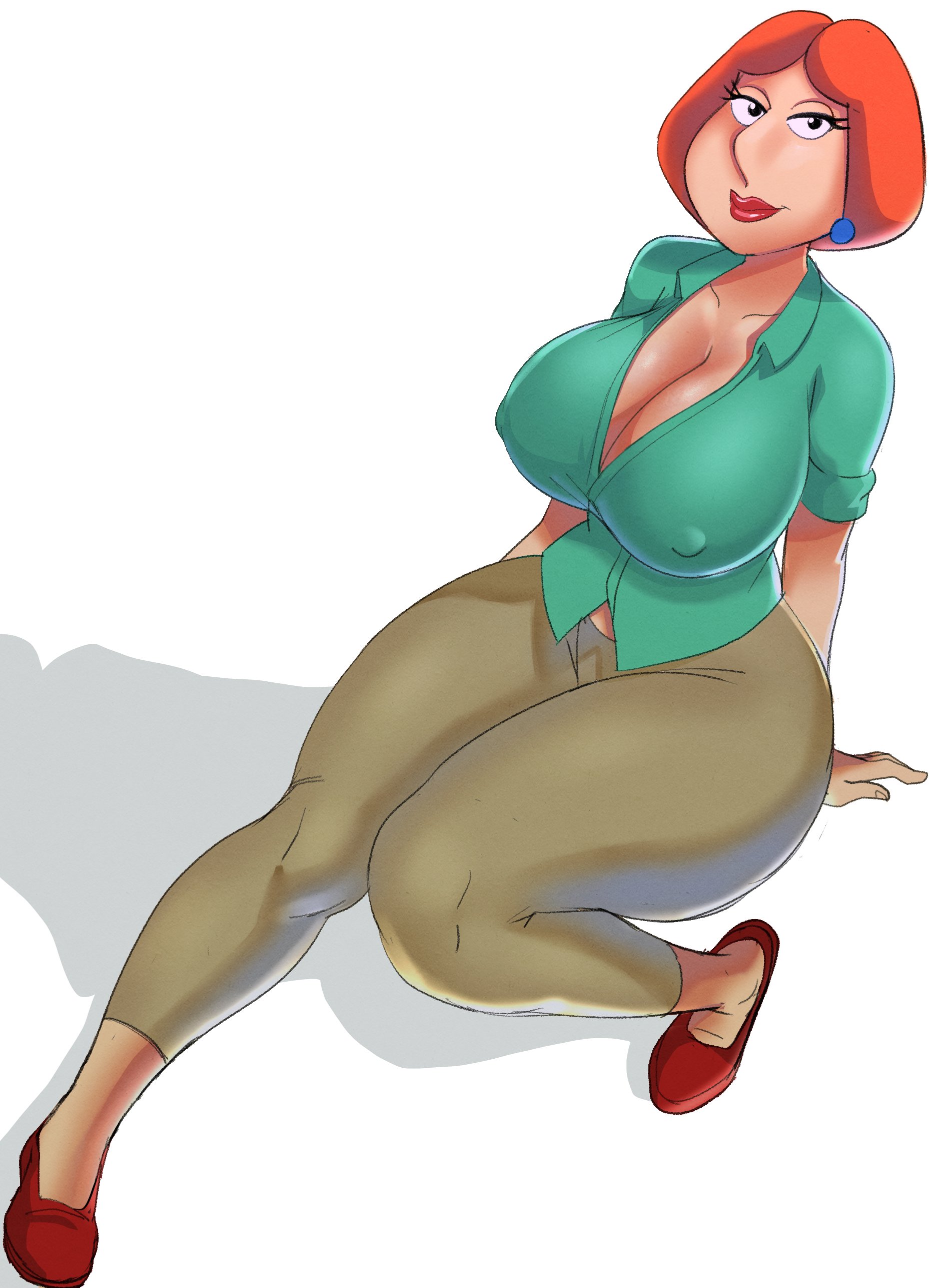 1girls, 2d, 2d (artwork), benjicomix, big breasts, black eyes, breasts, child bearing hips, cleavage, clothed, curvaceous, curvy, curvy female, curvy figure, earring, eyelashes, family guy, female, ginger, ginger female, ginger hair, large breasts, light-skinned female, lipstick, lois griffin, looking at viewer, nipple bulge, nipple outline, orange hair, red lipstick, shadow, sitting, solo, solo female, solo focus, thick thighs, white background, wide hips