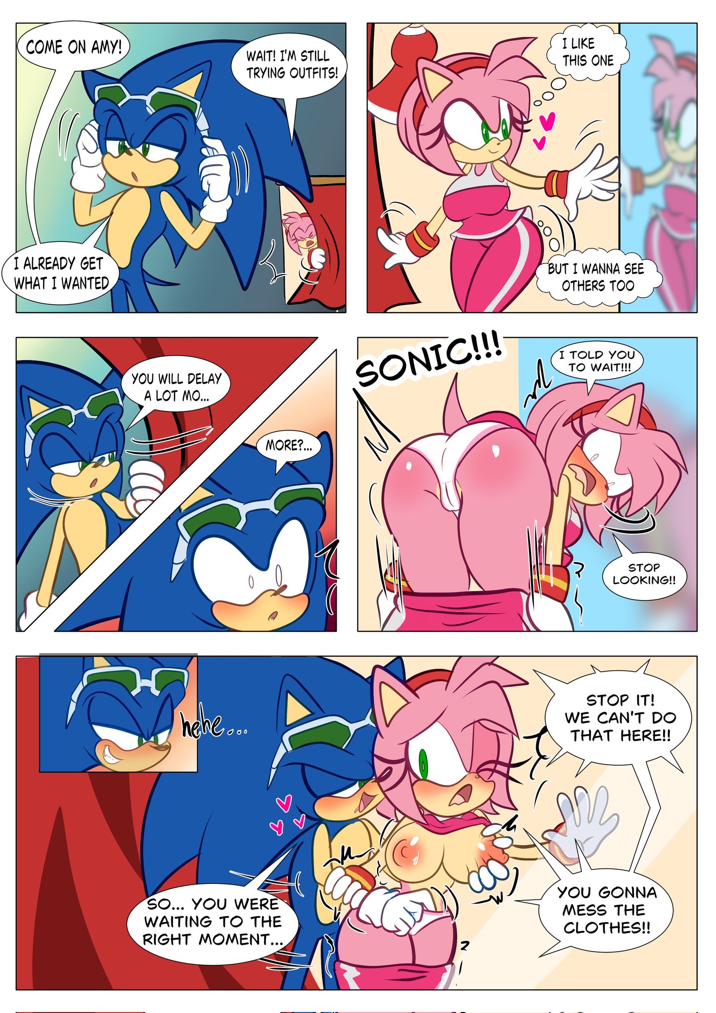 1boy, 1girls, amy rose, areolae, ass, blush, breasts, comic, demichan, demilanchan, dialogue, dressing room, embarrassed female, female, grabbing breasts, male, nipples, panties, pants down, sonic (series), sonic the hedgehog, sonic the hedgehog (series), text bubble, underwear