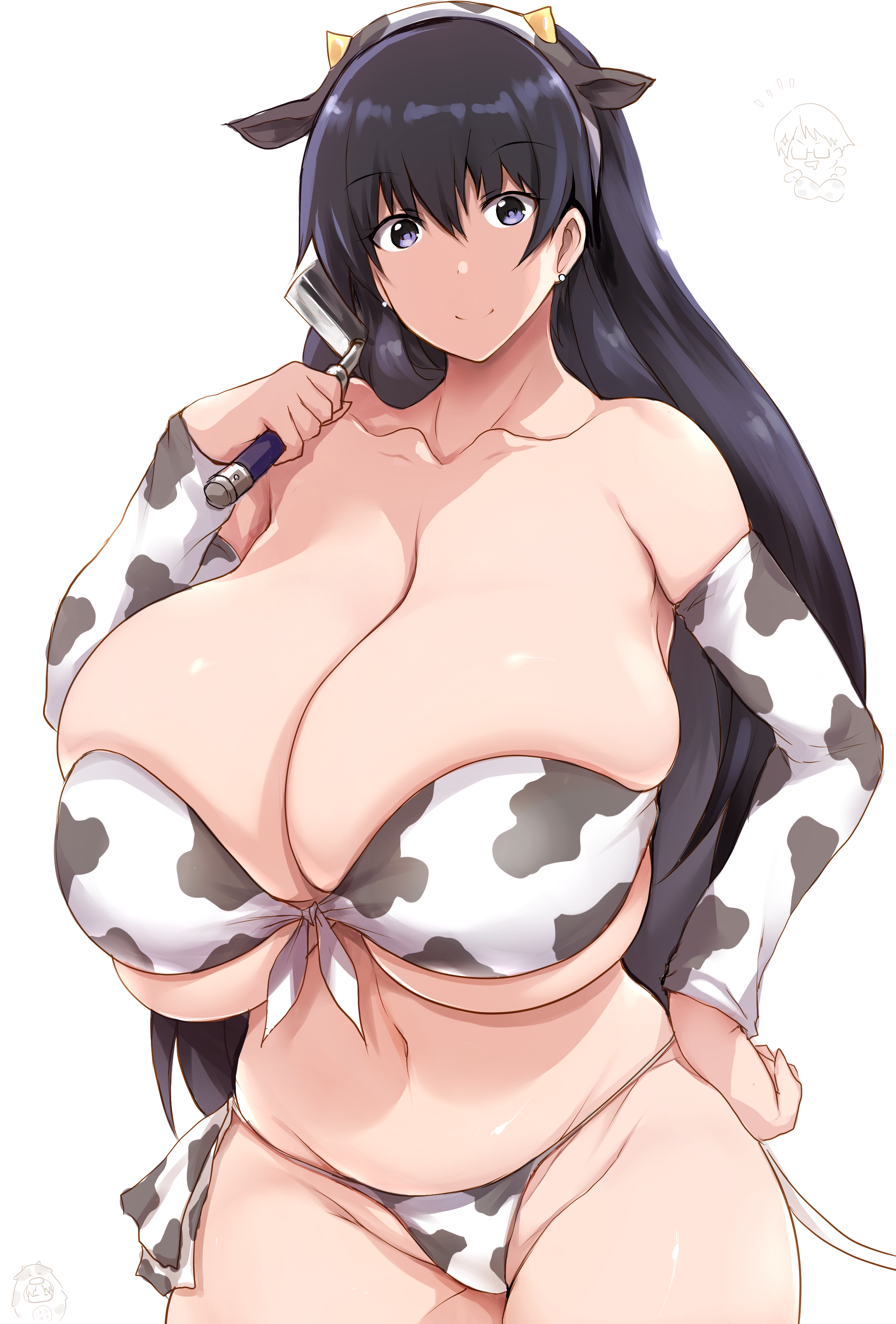 absurdres, animal ears, animal print, arato nagi, bare shoulders, bikini, black hair, blue eyes, blush, breasts, cleavage, collarbone, cow ears, cow horns, cow print, cow tail, curvy, detached sleeves, earrings, fake animal ears, fake horns, fake tail, female, hairband, hammer, highres, horns, huge breasts, jewelry, long hair, looking at viewer, navel, plump, ruri no houseki, smile, solo, stud earrings, swimsuit, tail, tsukasawa takamatsu, white bikini