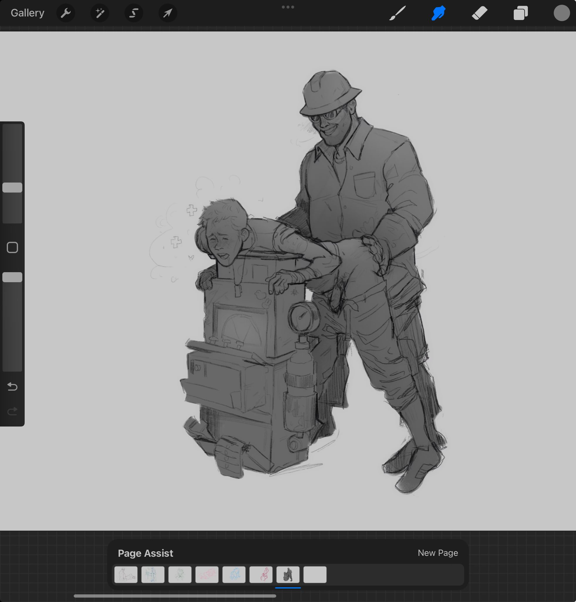 age difference, anal, anal sex, art program in frame, bent over, bent over surface, chubby male, closed eyes, drool, drooling, engineer (team fortress 2), erect while penetrated, fat, from behind, fucked from behind, gay, getting fucked, heavy breathing, legs apart, looking pleasured, male, male only, older male and younger male, panting, pants around thighs, pants down, queddys, scout (team fortress 2), team fortress 2, twink, yaoi