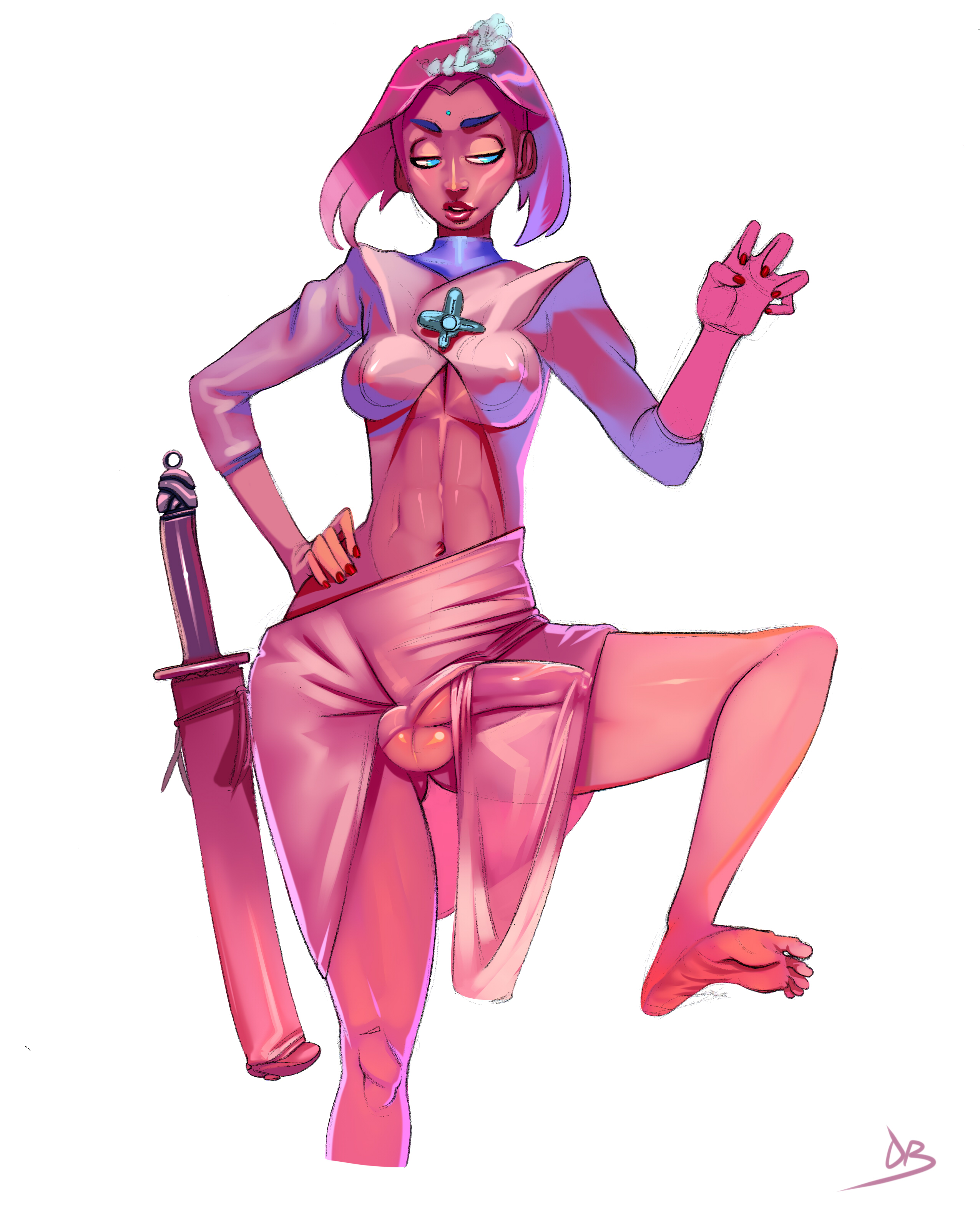 1futa, balls, breasts, bulge, cleavage, crystalcheese, curvy, erect nipples, erection, erection under clothes, erection under skirt, futa only, futanari, hair, hand on hip, intersex, large balls, large breasts, large penis, muscular, muscular futa, navel, nipple bulge, nipples, no bra, no panties, penis, penis out, penis under clothes, penis under skirt, pink hair, short hair, skirt, skirt lift, solo, solo futa, standing, weapon
