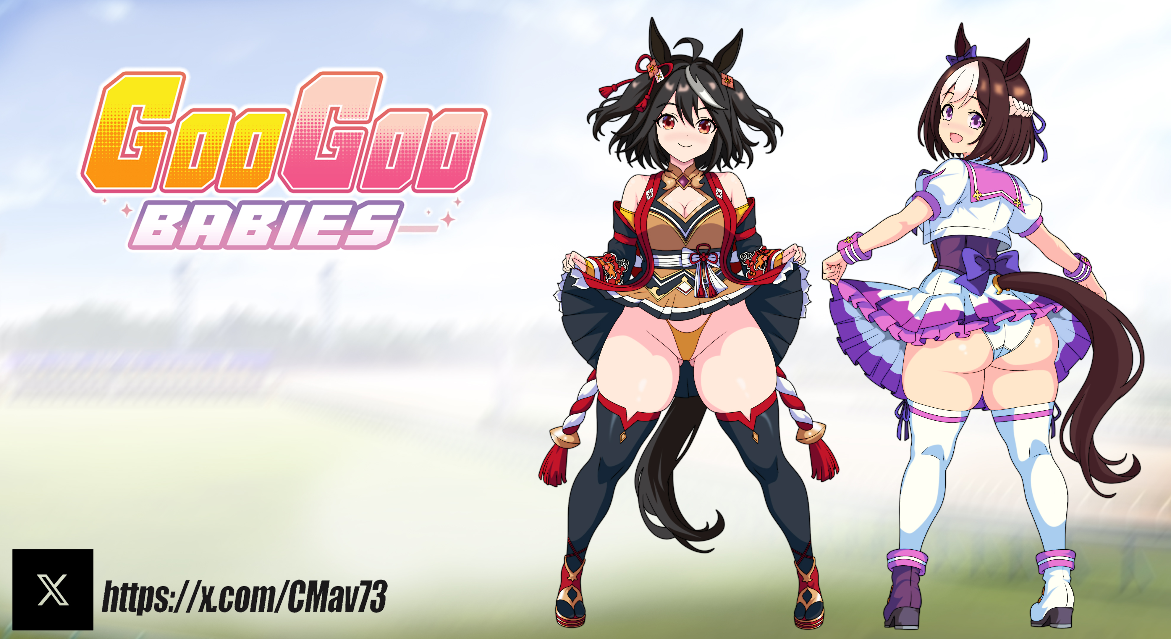 2girls, ass, ass visible through thighs, big breasts, breasts, conce73, female, huge ass, kitasan black (umamusume), looking at viewer, looking back, open mouth, panties, presenting, presenting panties, smile, special week (umamusume), thick thighs, thighs, umamusume, umamusume pretty derby