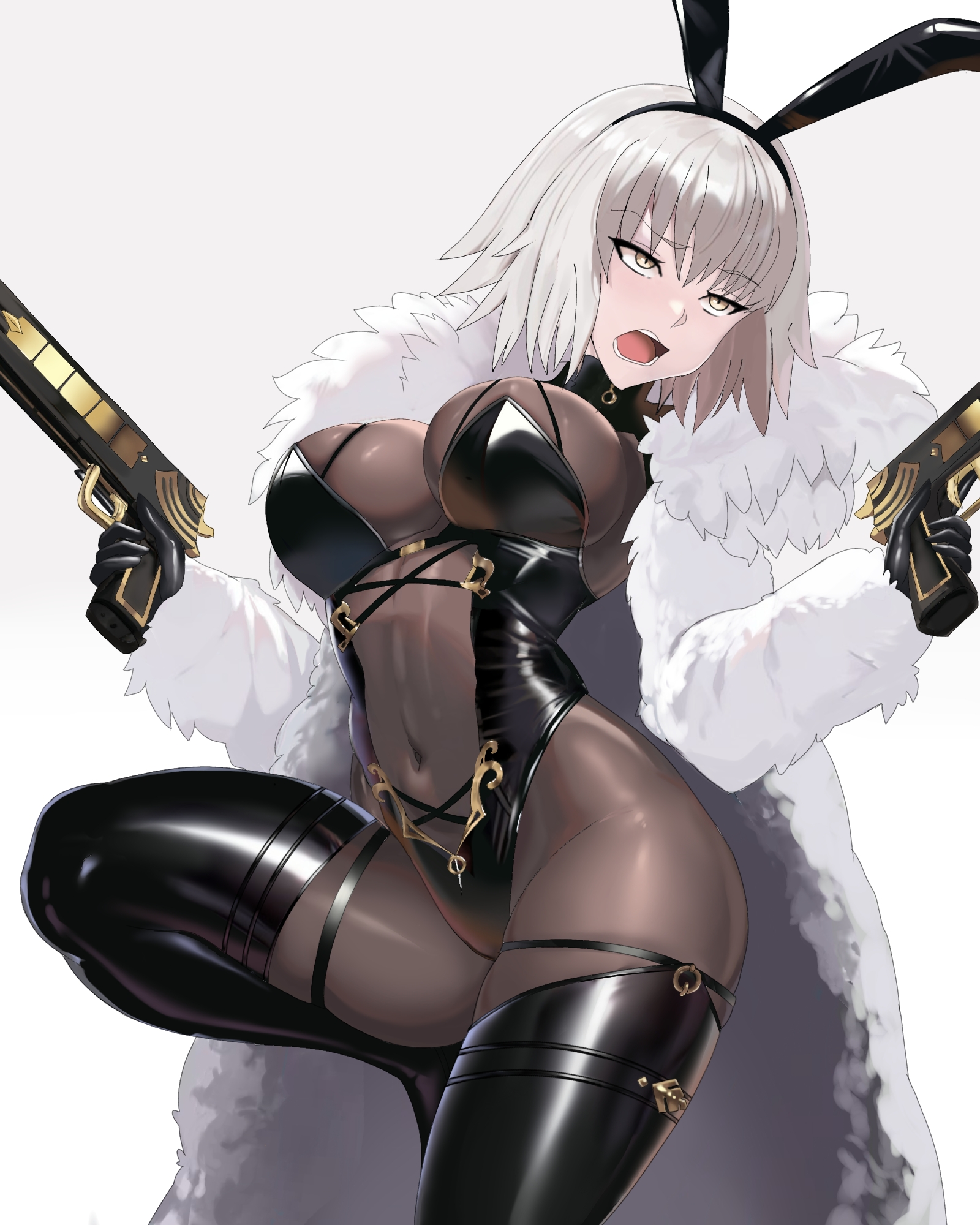 1girls, animal ears, asoberis, beris 002, black gloves, black leotard, black thighhighs, bodysuit, breasts, brown bodysuit, coat, cosplay, covered navel, dual wielding, evertale, fake animal ears, fate (series), fate/grand order, female, fur coat, fur trim, gloves, grey hair, gun, highres, holding, jeanne d'arc alter (fate), lancelot (evertale), lancelot (evertale) (cosplay), large breasts, leotard, leotard over bodysuit, long sleeves, looking to the side, nontraditional playboy bunny, open mouth, playboy bunny, rabbit ears, see-through cleavage, see-through clothes, solo, thighhighs, weapon, yellow eyes
