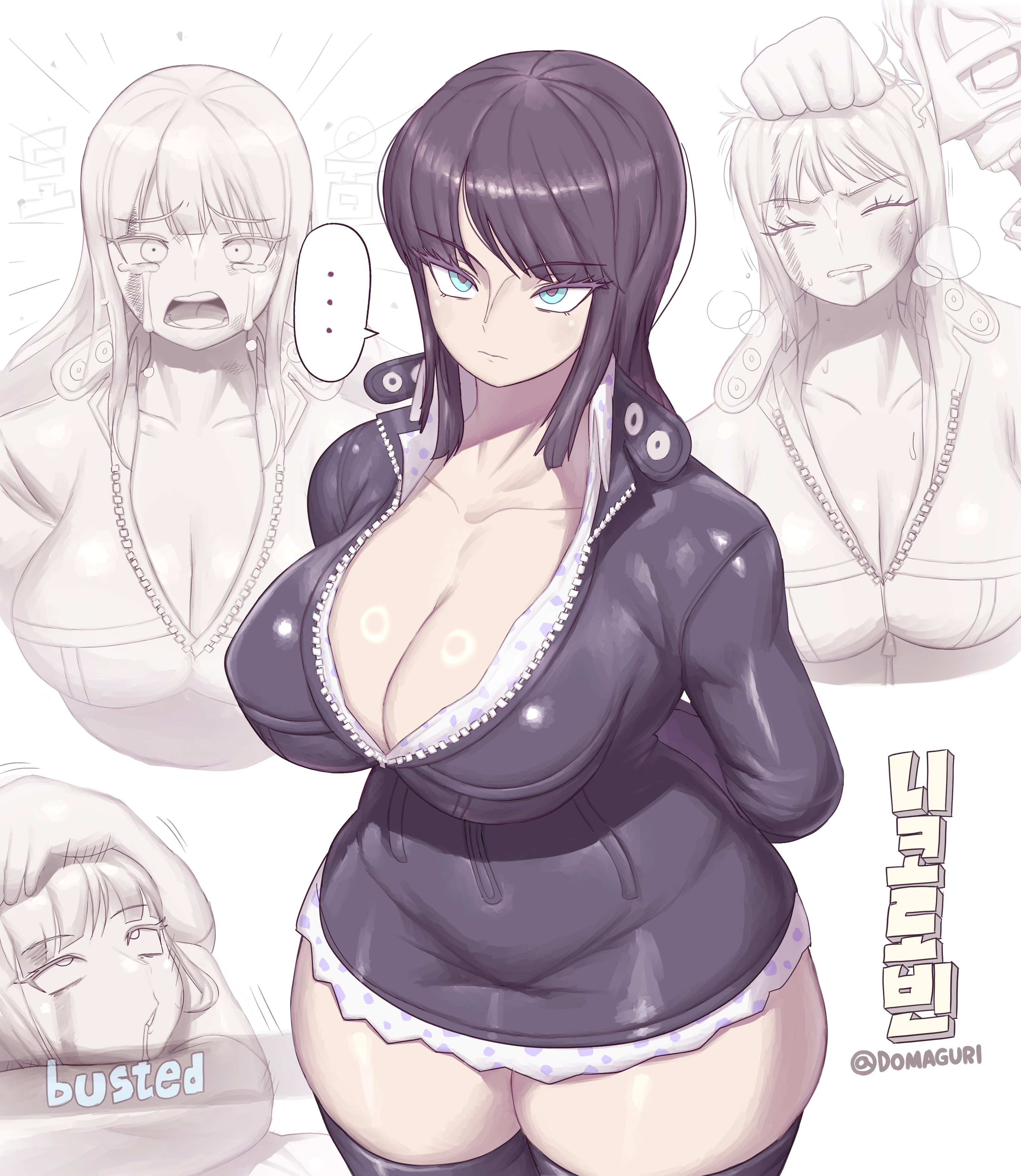 ..., 1boy, 1girls, about to burst, absurdres, barely contained, barely contained breasts, barely fits, black hair, blood, blood on face, blue eyes, blunt bangs, breasts, breasts too big, bursting breasts, choke hold, cleavage, collarbone, collared shirt, crying, crying with eyes open, domaguri, english text, enies lobby, female, fringe, highres, imminent wardrobe malfunction, inner sideboob, large breasts, leather, leather dress, leather minidress, long hair, male, medium hair, nico robin, nico robin (enies lobby), one piece, partially unzipped, pre-timeskip, shirt, spandam, speech bubble, strained zipper, strangling, sweat, tears, thighhighs, tight fit, too tight, undersized clothes, undersized clothing, water 7, white shirt, zettai ryouiki, zipper