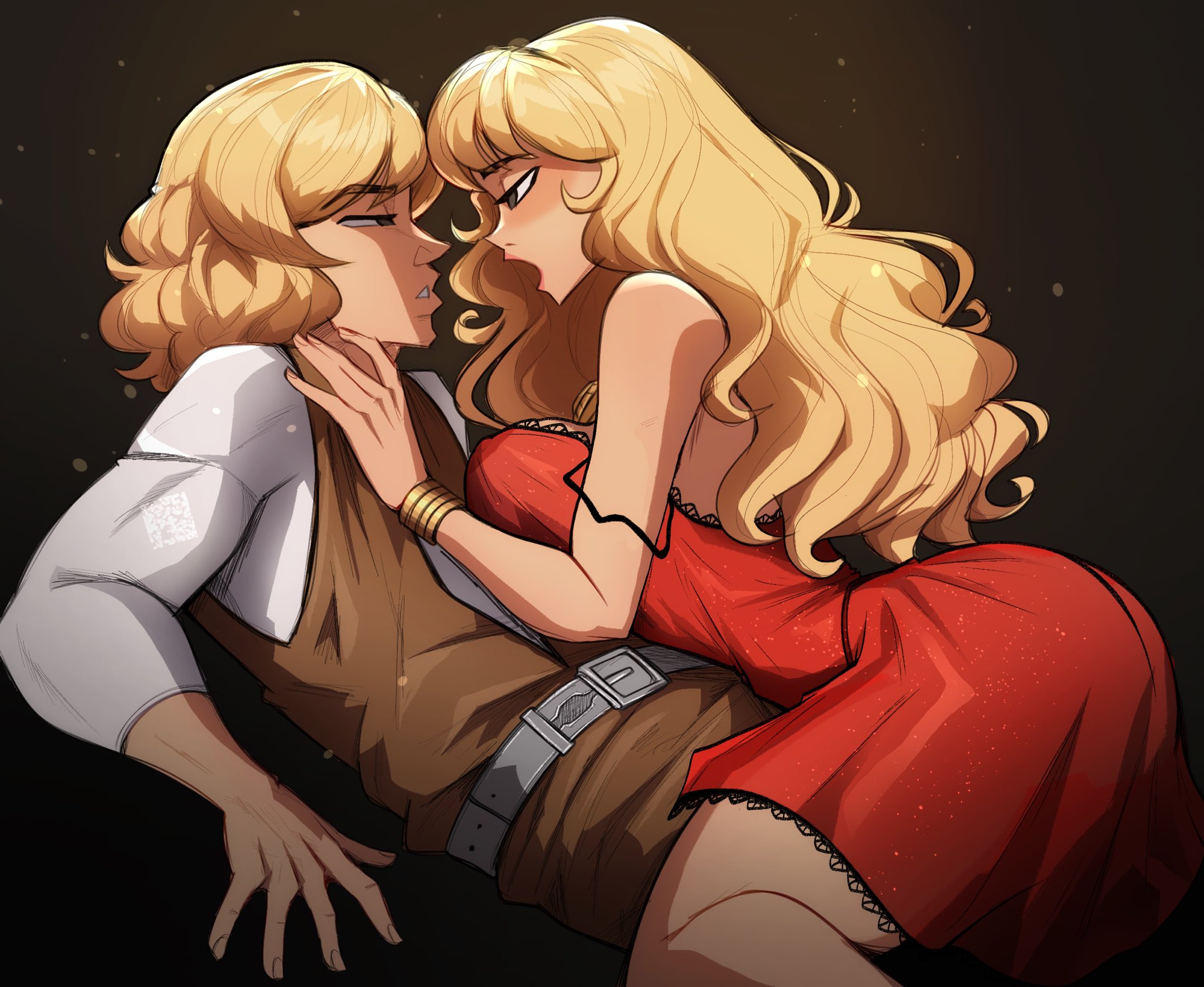 big ass, blond male, blonde female, blonde hair, brown vest, commission, dark background, face to face, female, female top, hand on chest, lace dress, leaning on person, long hair female, luke skywalker, magaska19, male, male bottom, mary (star wars (marvel 1977)), negligee, nightgown, nipples visible through clothing, on top of another, open mouth, parted lips, red dress, shoulder strap, star wars, star wars (marvel 1977), star wars legends, staring at partner, staring into eyes, sticking out ass, white belt, white shirt, wrist cuff