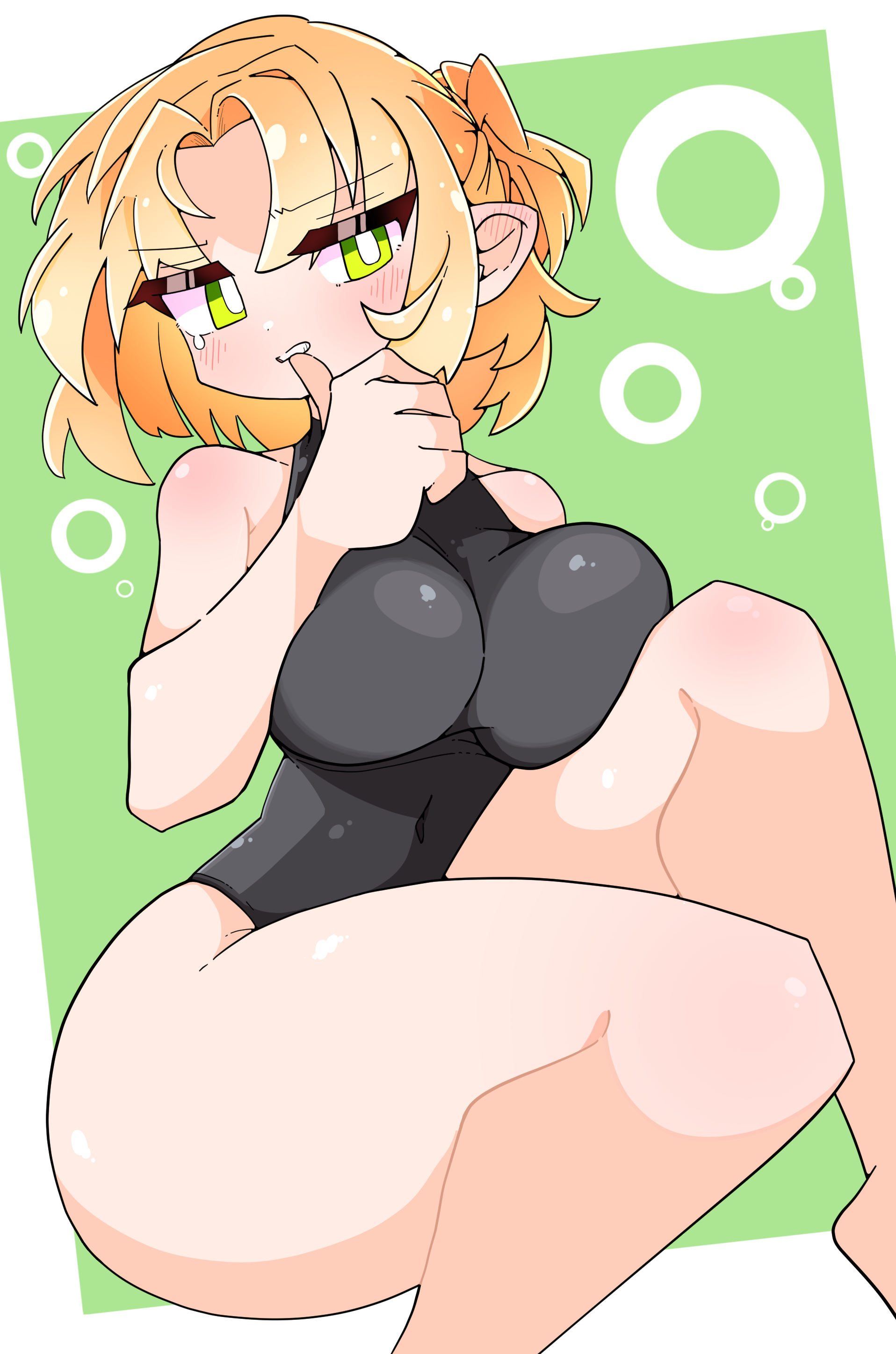ass visible through thighs, biting finger, black swimsuit, breasts, clenched teeth, female, happynalga, huge ass, knees together feet apart, large breasts, mizuhashi parsee, one-piece swimsuit, tears, thick thighs, touhou, wide hips