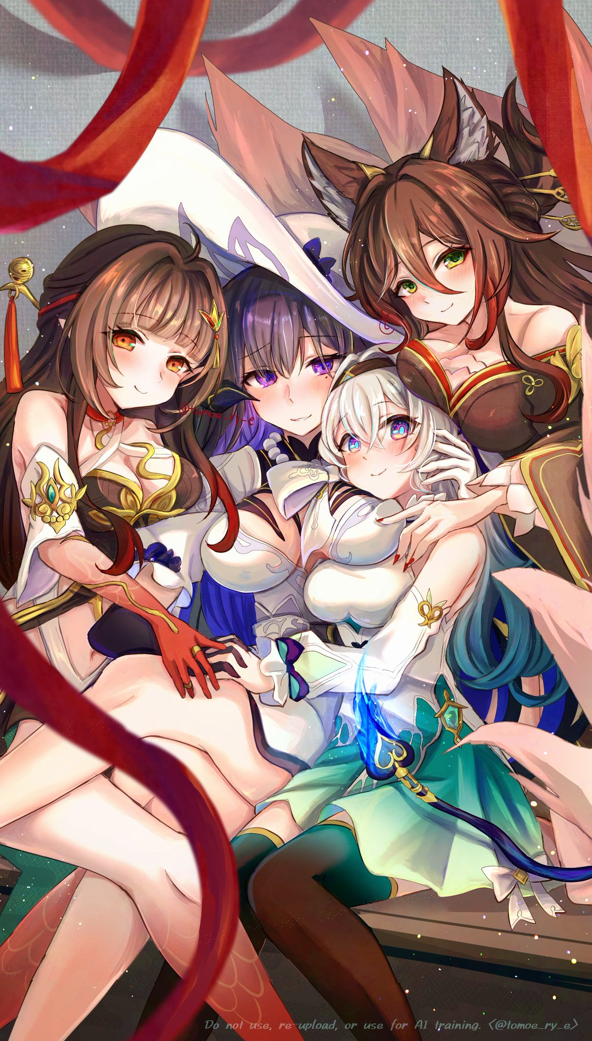 4girls, black hair, breast press, breasts, brown eyes, brown hair, constance (honkai: star rail), firefly (honkai: star rail), fox ears, fox girl, fugue (honkai: star rail), honkai (series), honkai: star rail, hoyoverse, legs, lingsha (honkai: star rail), long hair, mihoyo, multicolored eyes, multicolored hair, multiple girls, the dahlia (honkai: star rail), tingyun (honkai: star rail)
